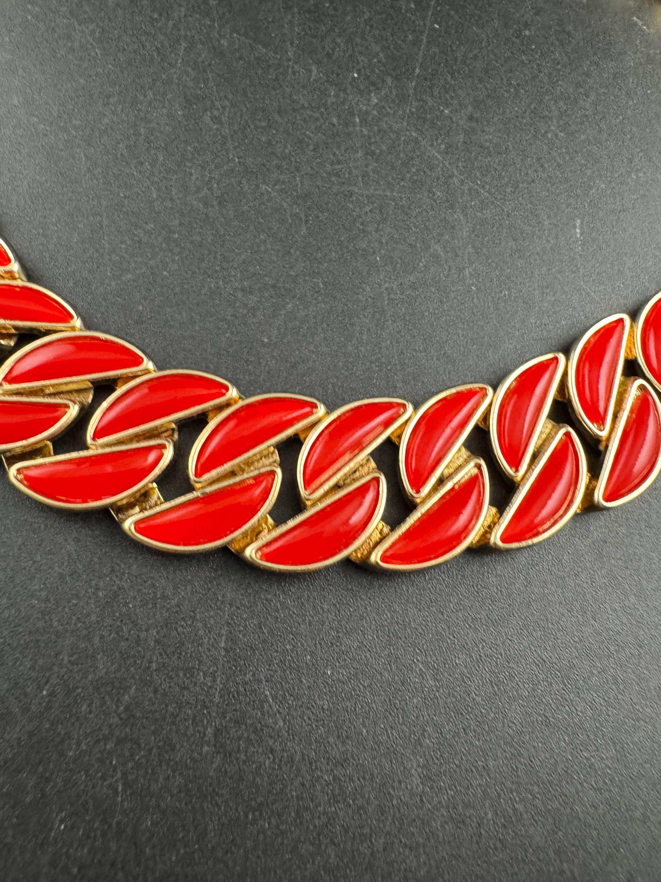 Vintage Red enamel curb chain choker , gold tone necklace
