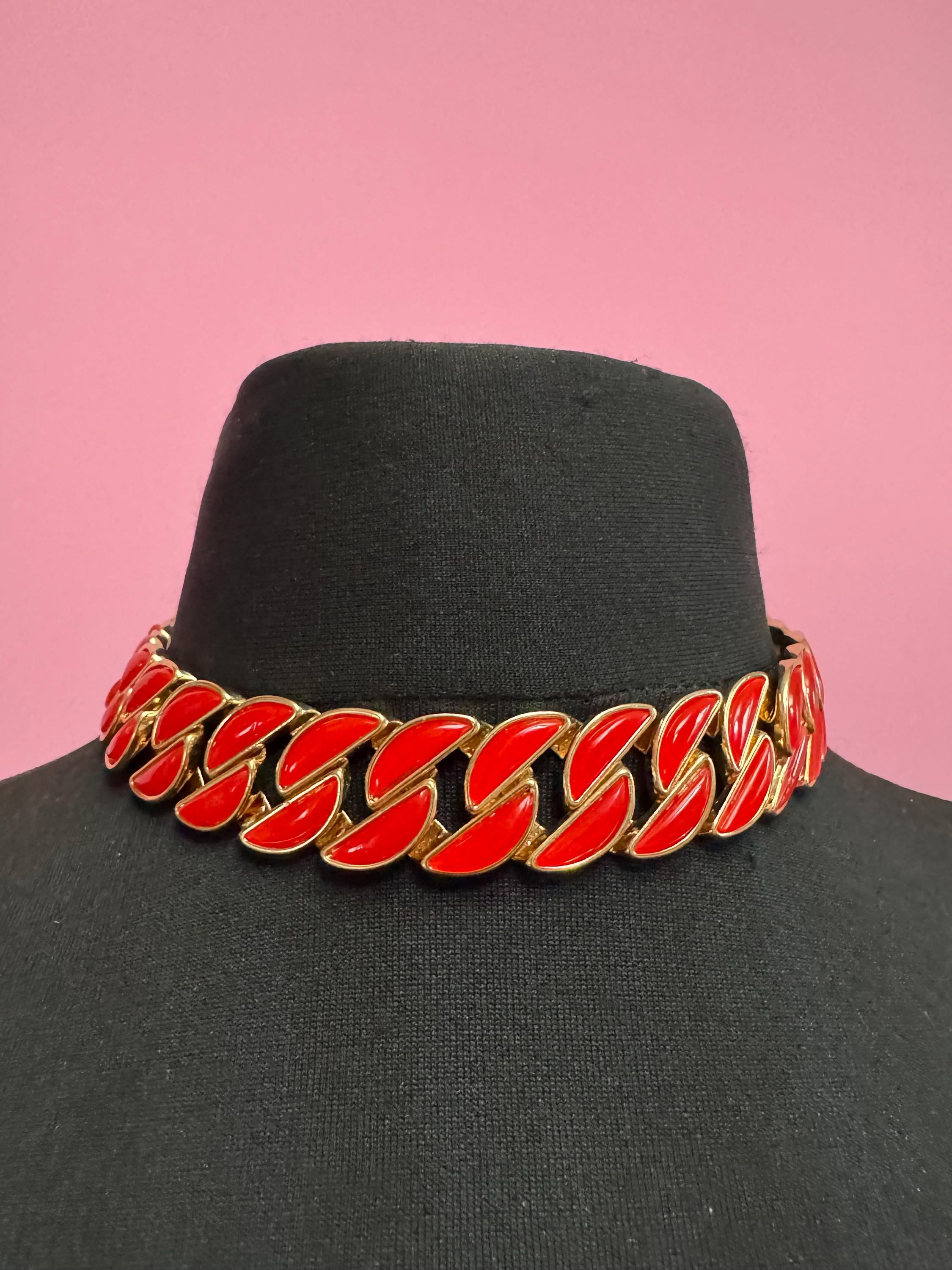 Vintage Red enamel curb chain choker , gold tone necklace