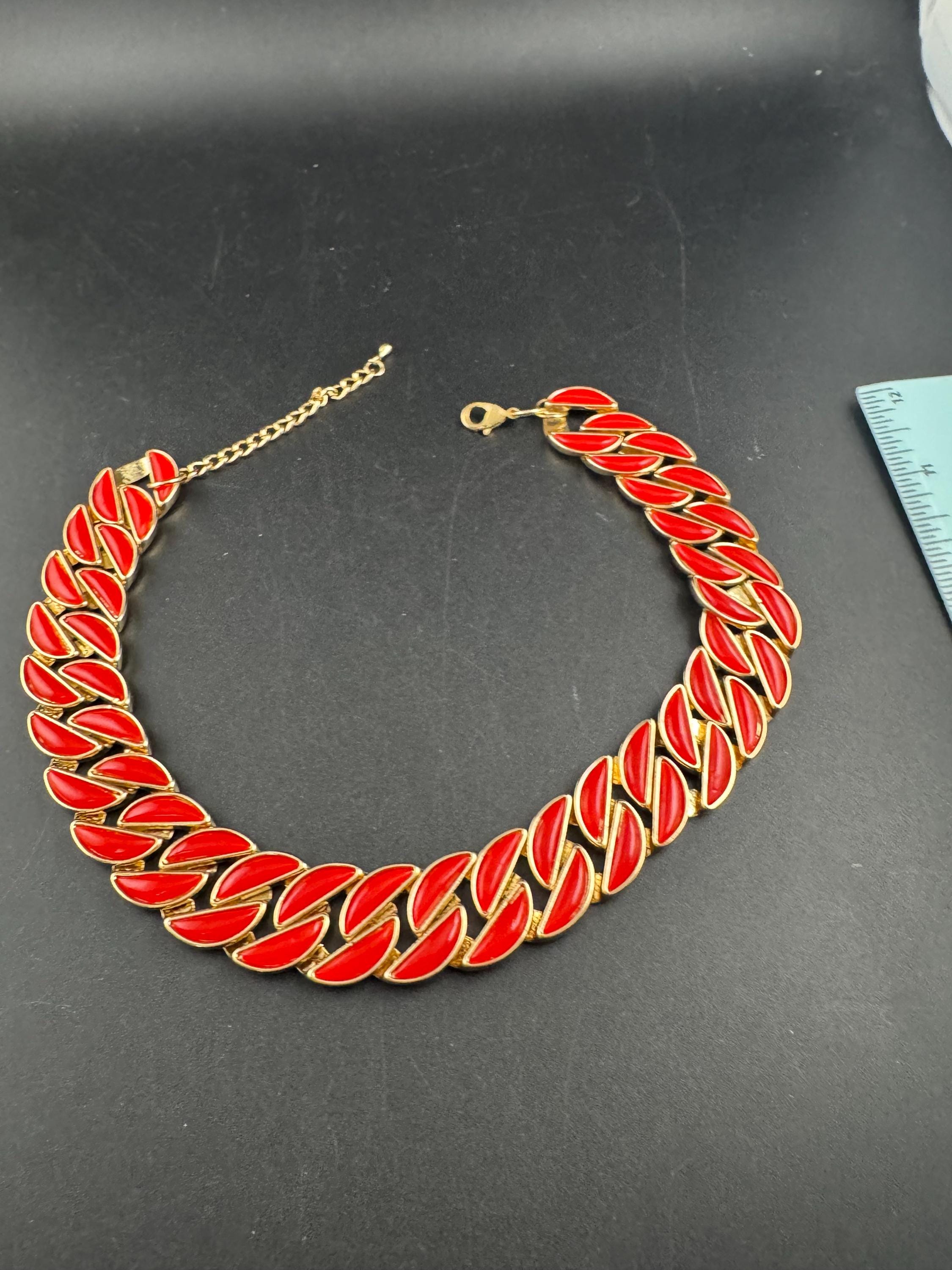 Vintage Red enamel curb chain choker , gold tone necklace