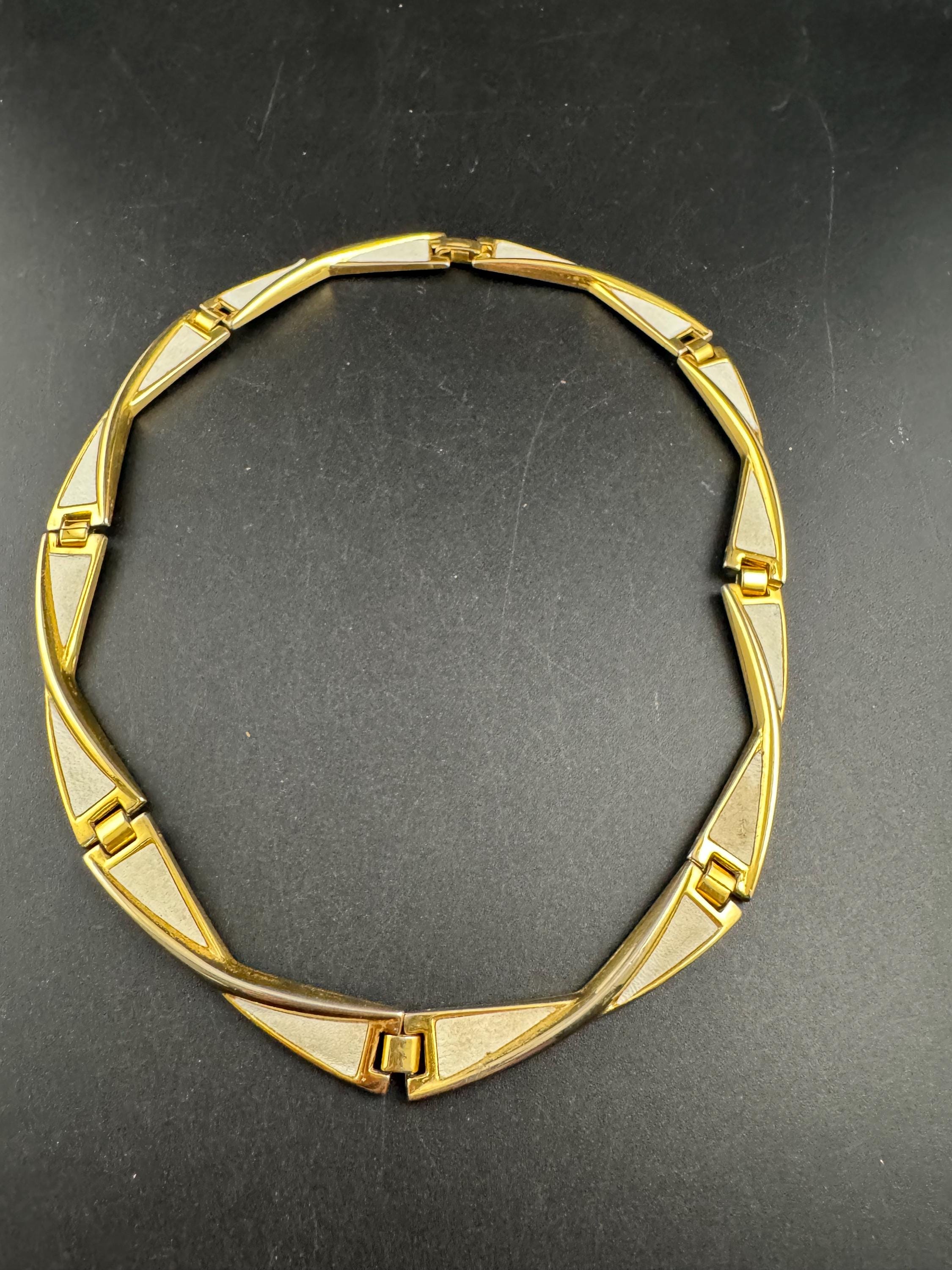 cream white inset Choker, Gold panel link necklace