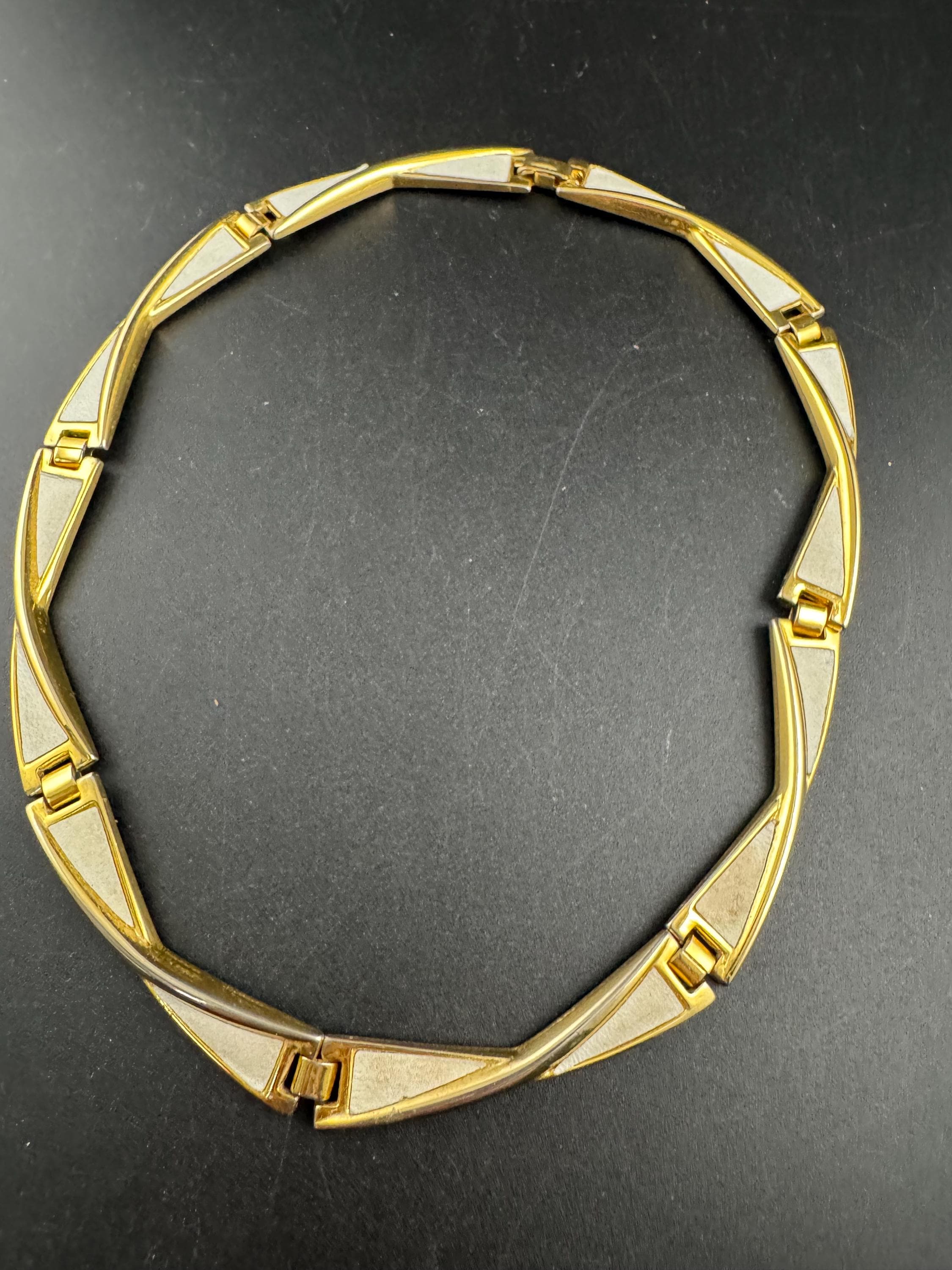 cream white inset Choker, Gold panel link necklace