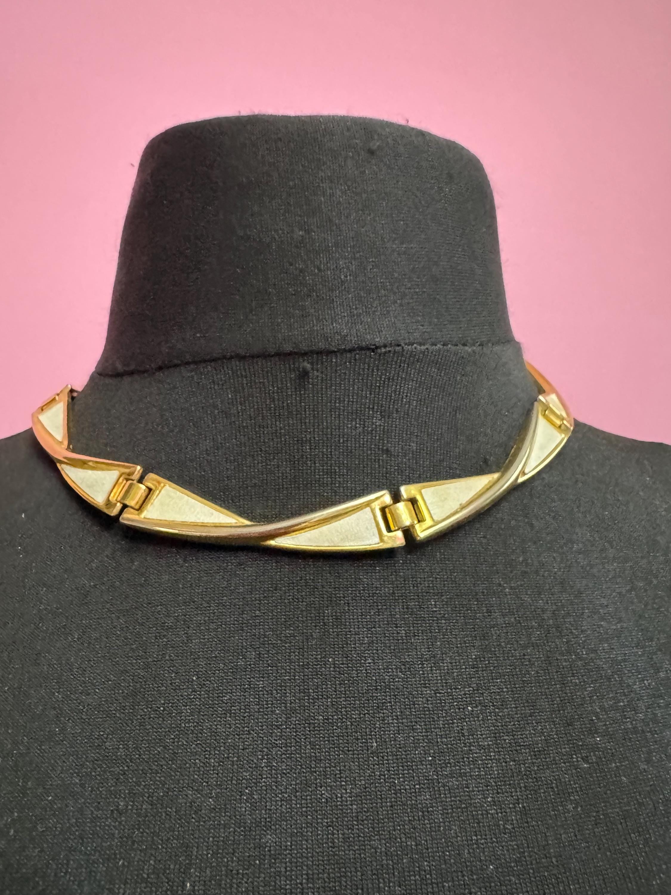cream white inset Choker, Gold panel link necklace