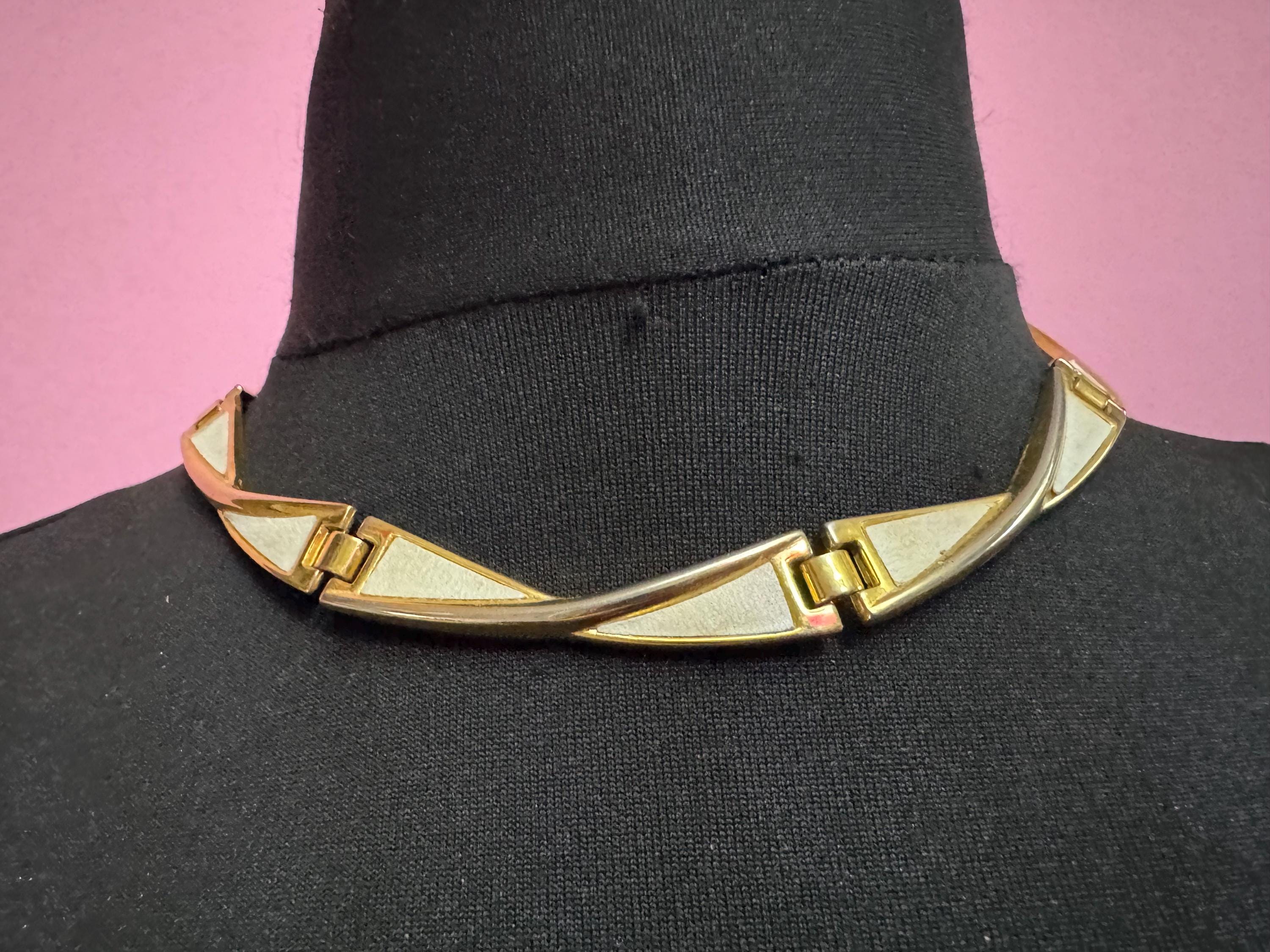 cream white inset Choker, Gold panel link necklace