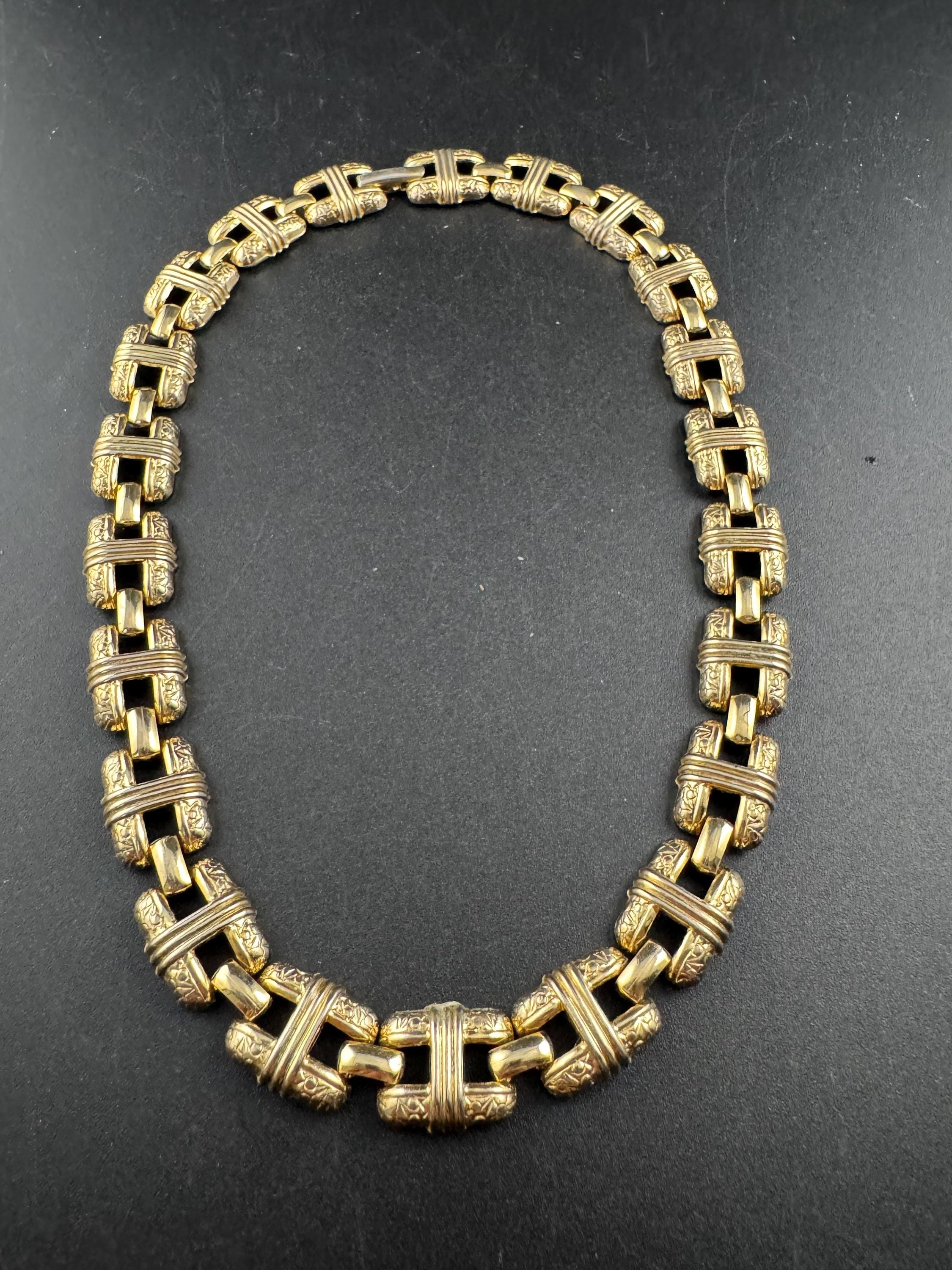 Vintage gold panel link choker necklace, 1980s embossed links
