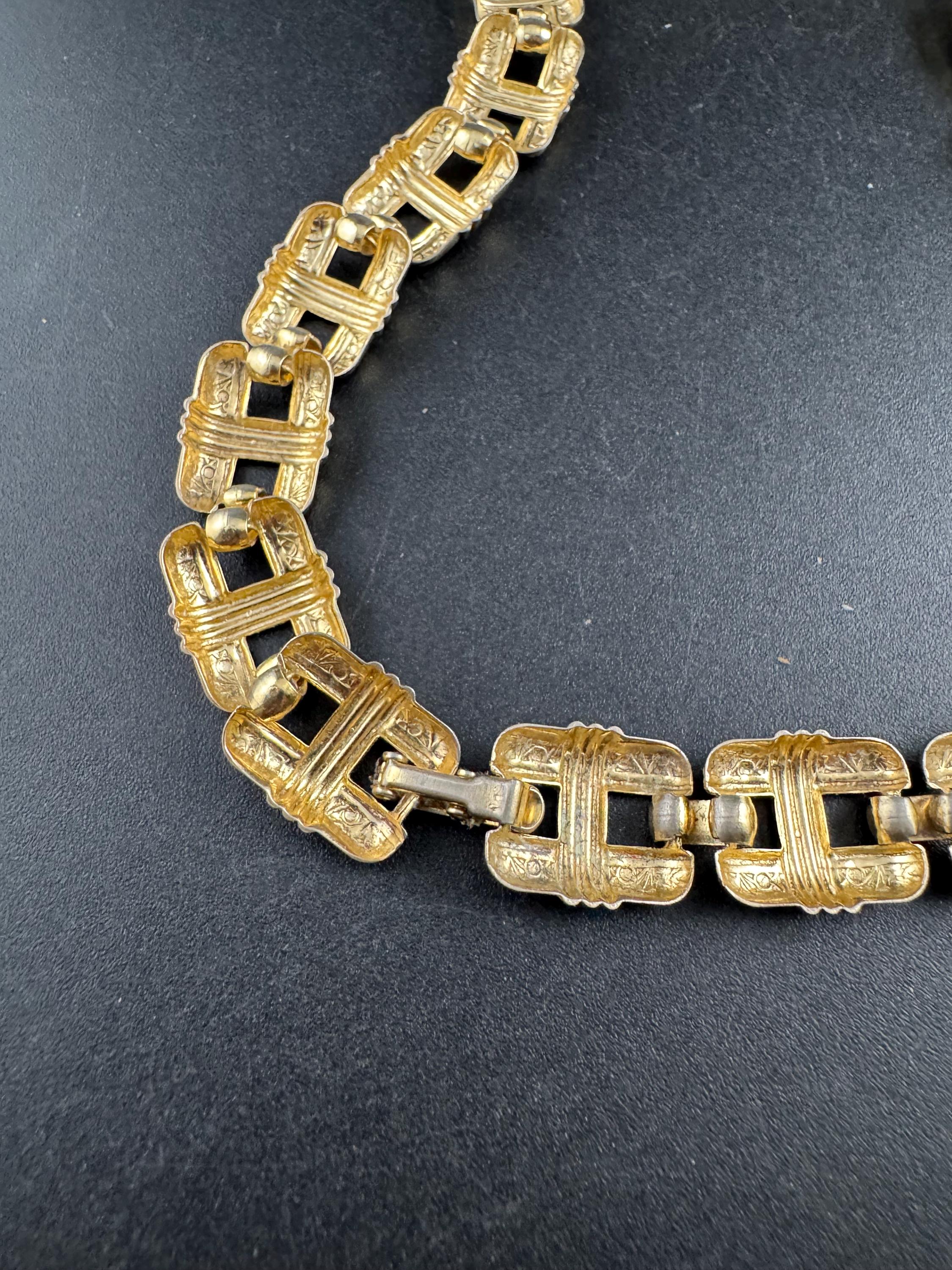 Vintage gold panel link choker necklace, 1980s embossed links