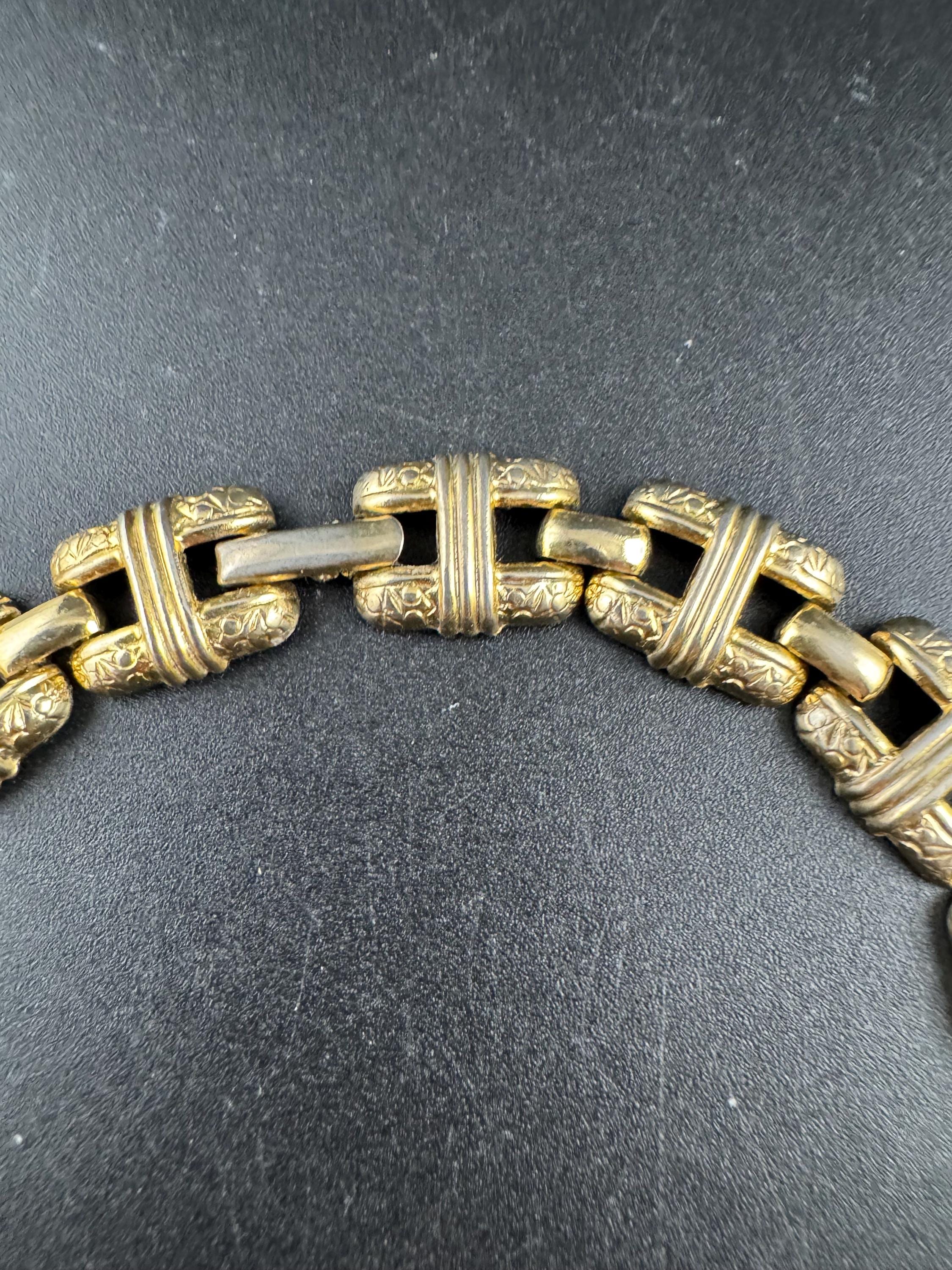 Vintage gold panel link choker necklace, 1980s embossed links