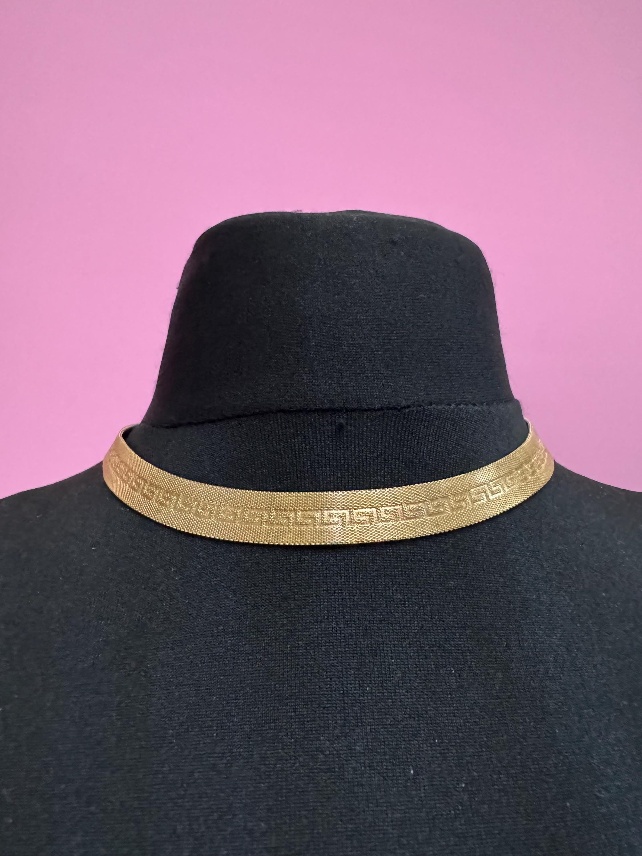 Vintage Gold plated mesh choker, Greek key necklace 1960s