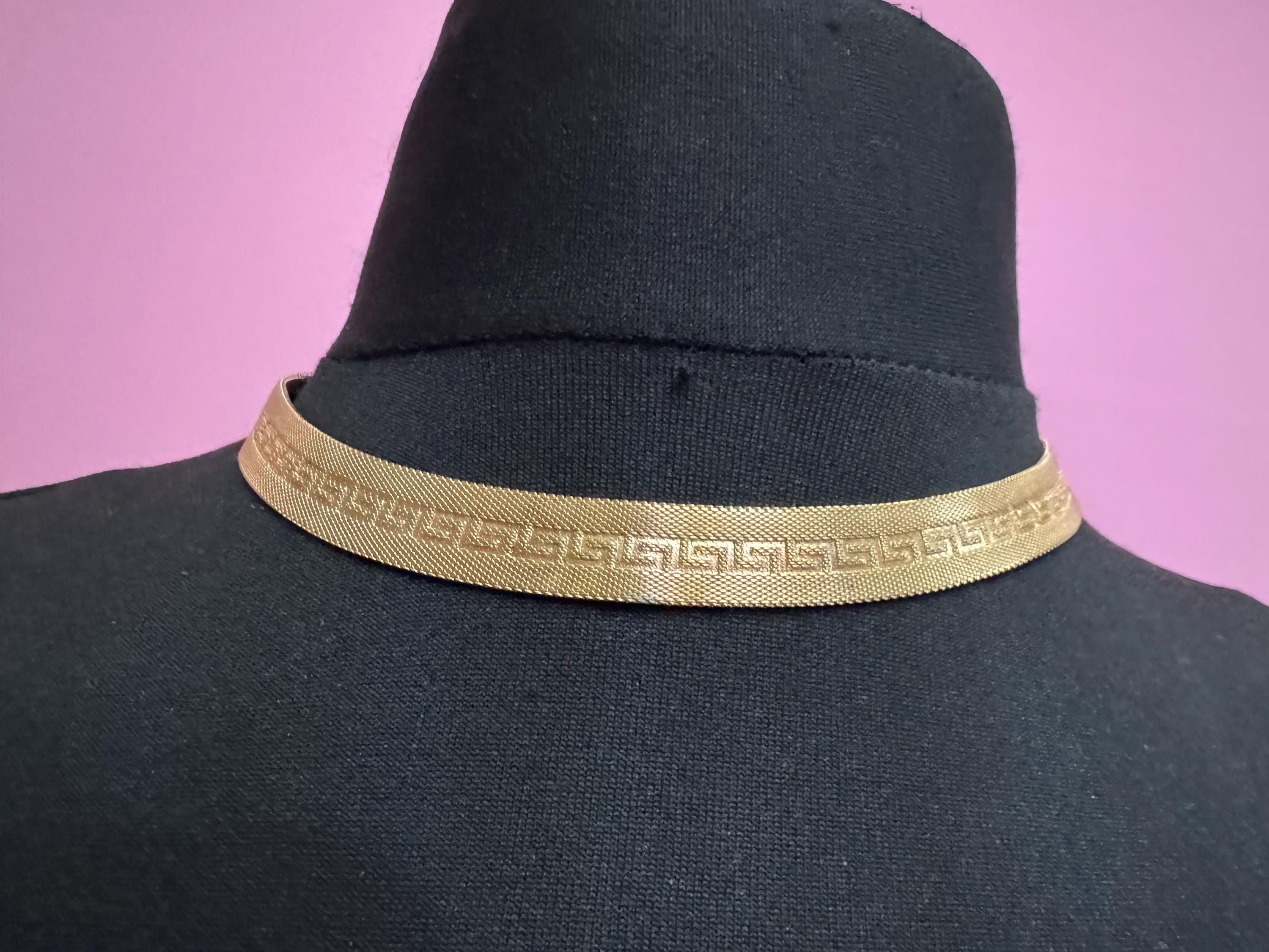 Vintage Gold plated mesh choker, Greek key necklace 1960s