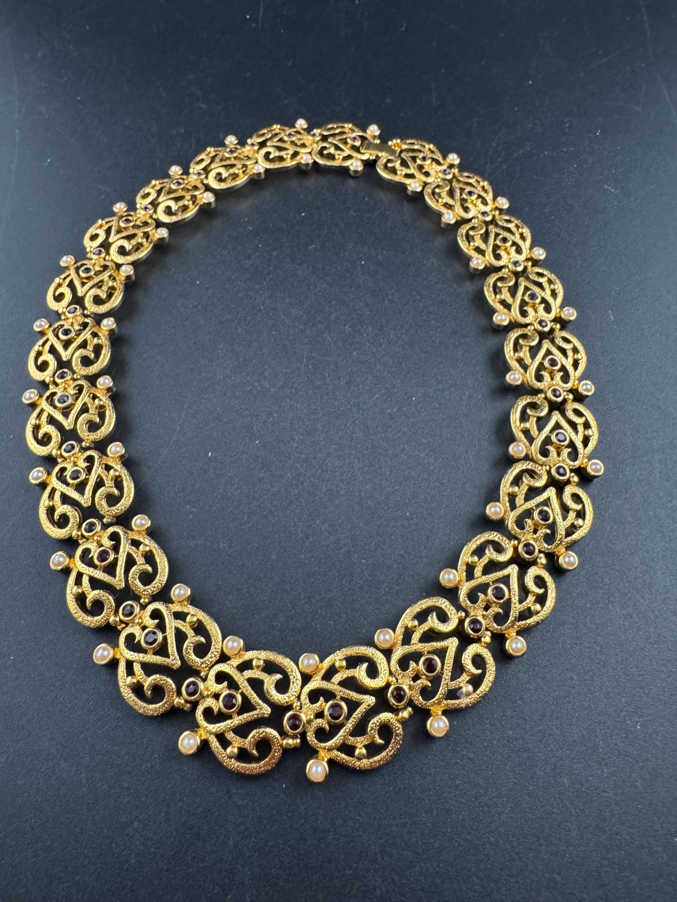 Vintage Past Times gold openwork choker necklace, signed black rhinestones