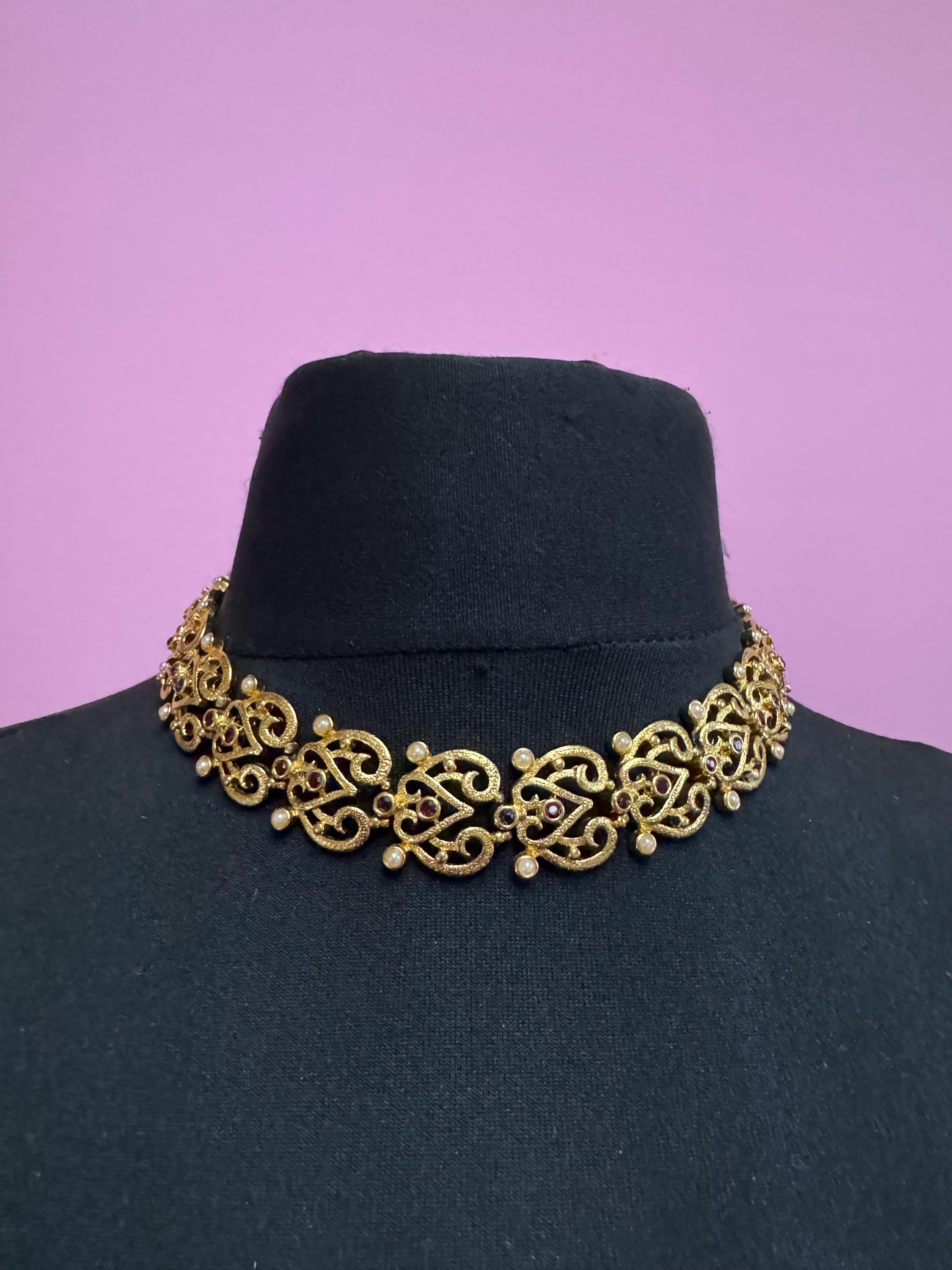 Vintage Past Times gold openwork choker necklace, signed black rhinestones