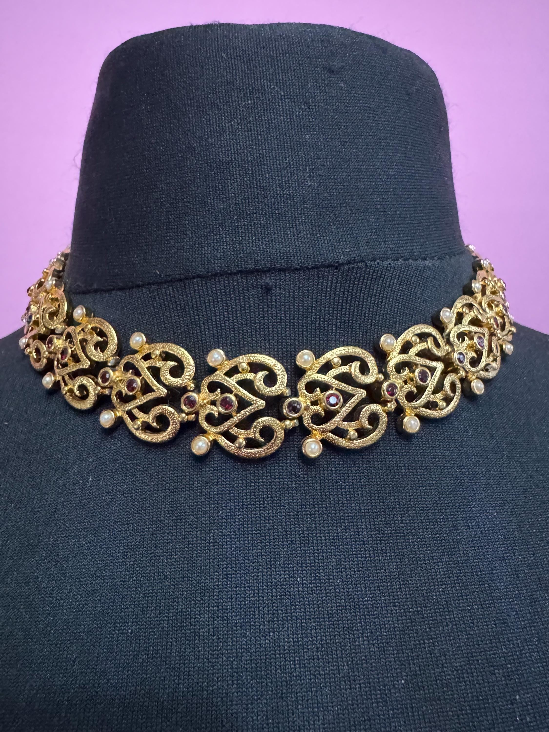 Vintage Past Times gold openwork choker necklace, signed black rhinestones