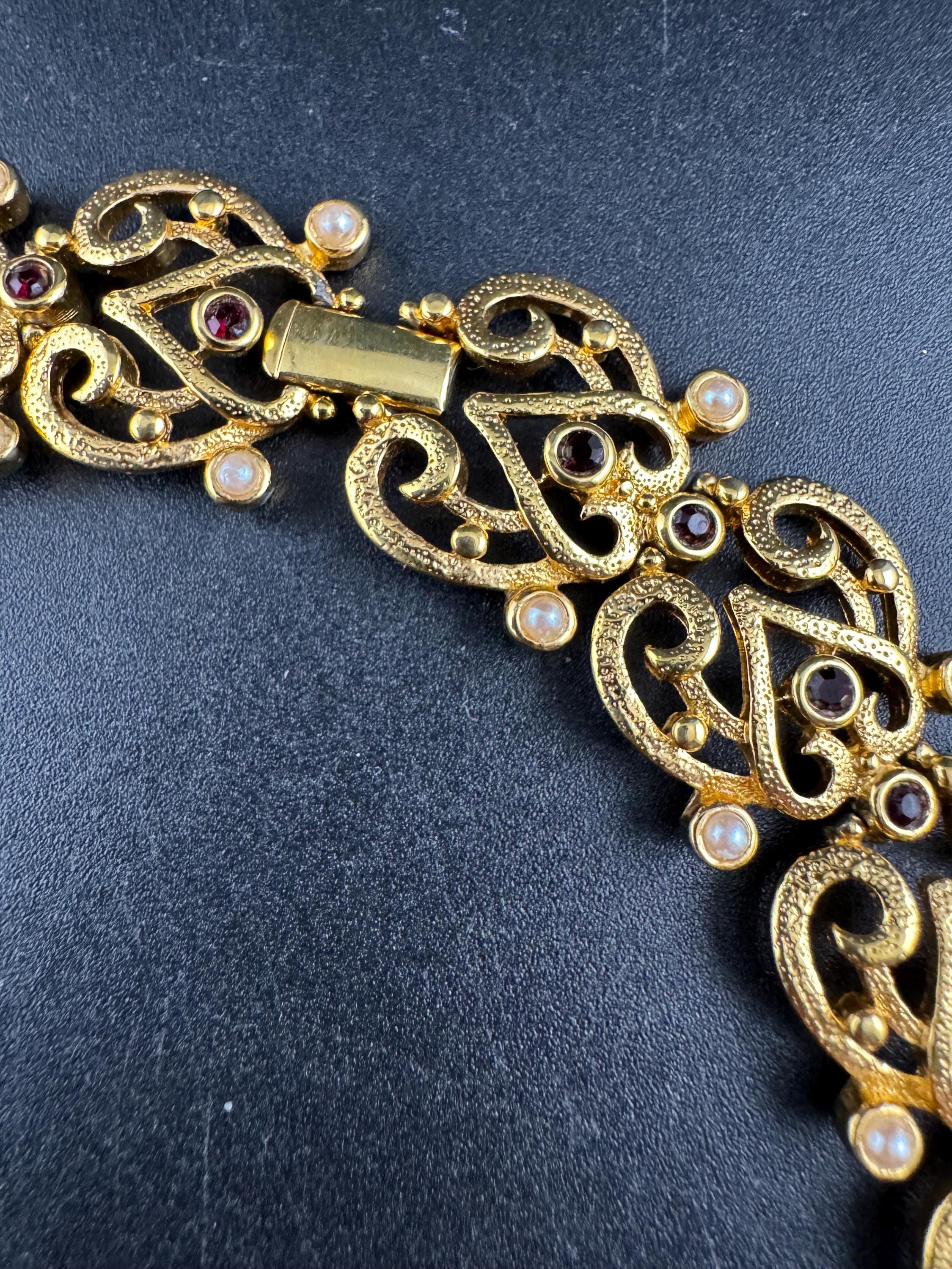 Vintage Past Times gold openwork choker necklace, signed black rhinestones