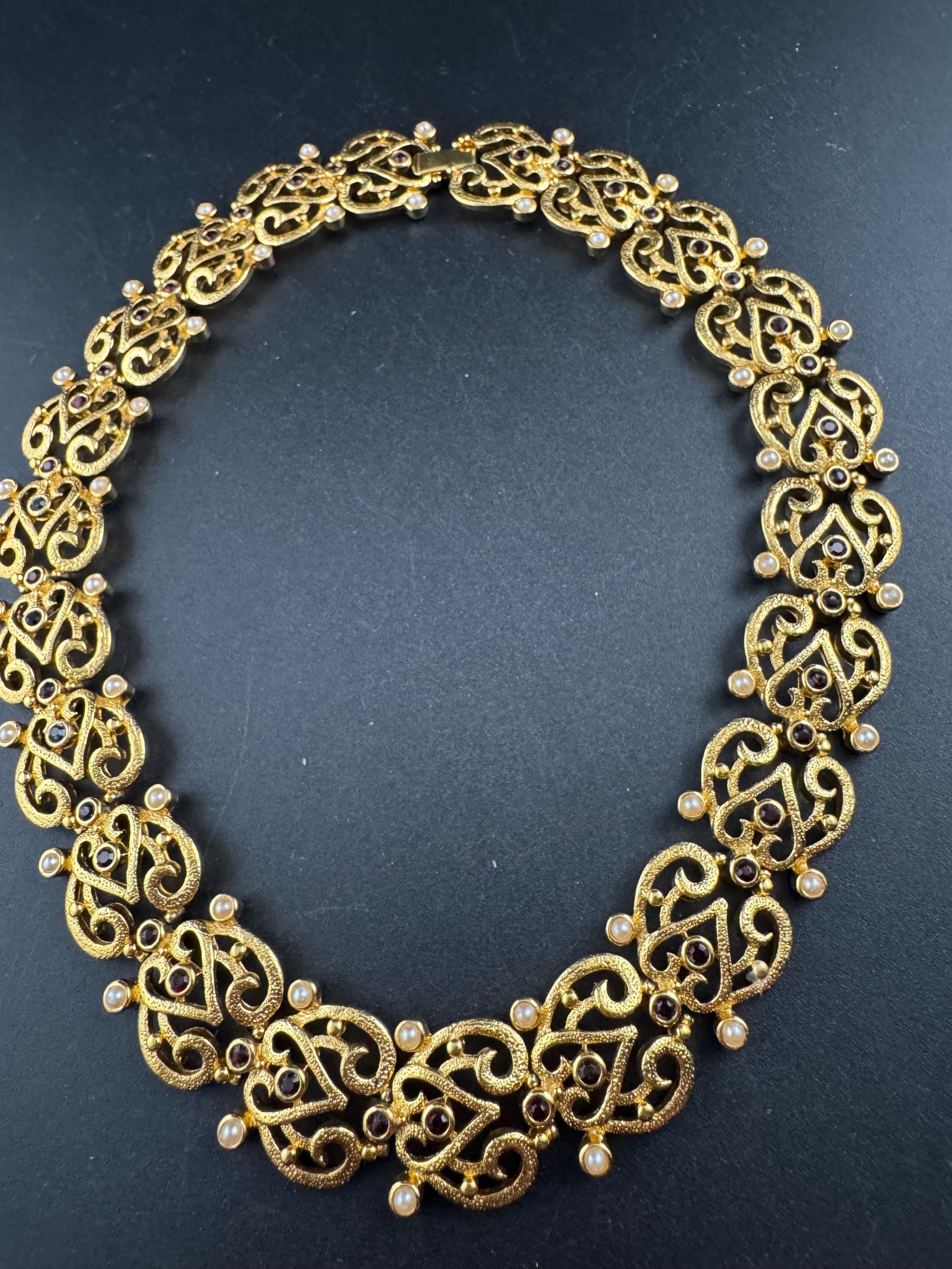 Vintage Past Times gold openwork choker necklace, signed black rhinestones