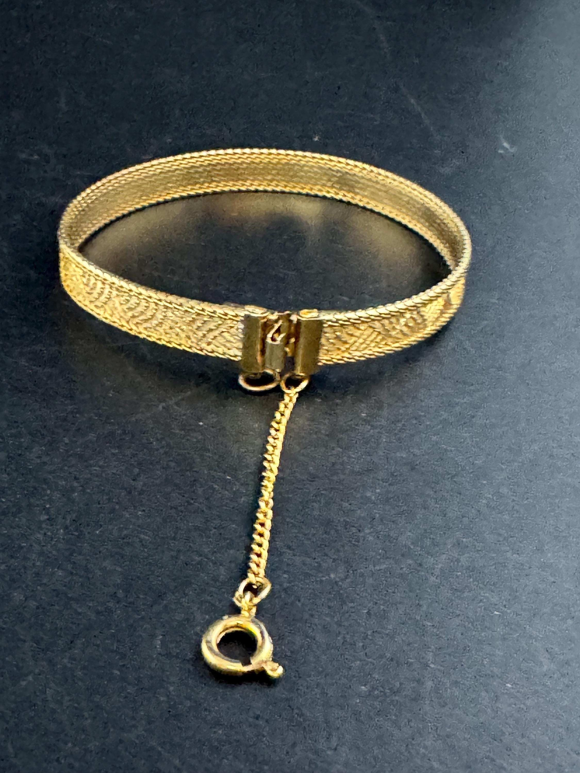 Vintage slim flat mesh bangle bracelet , gold plated with safety chain