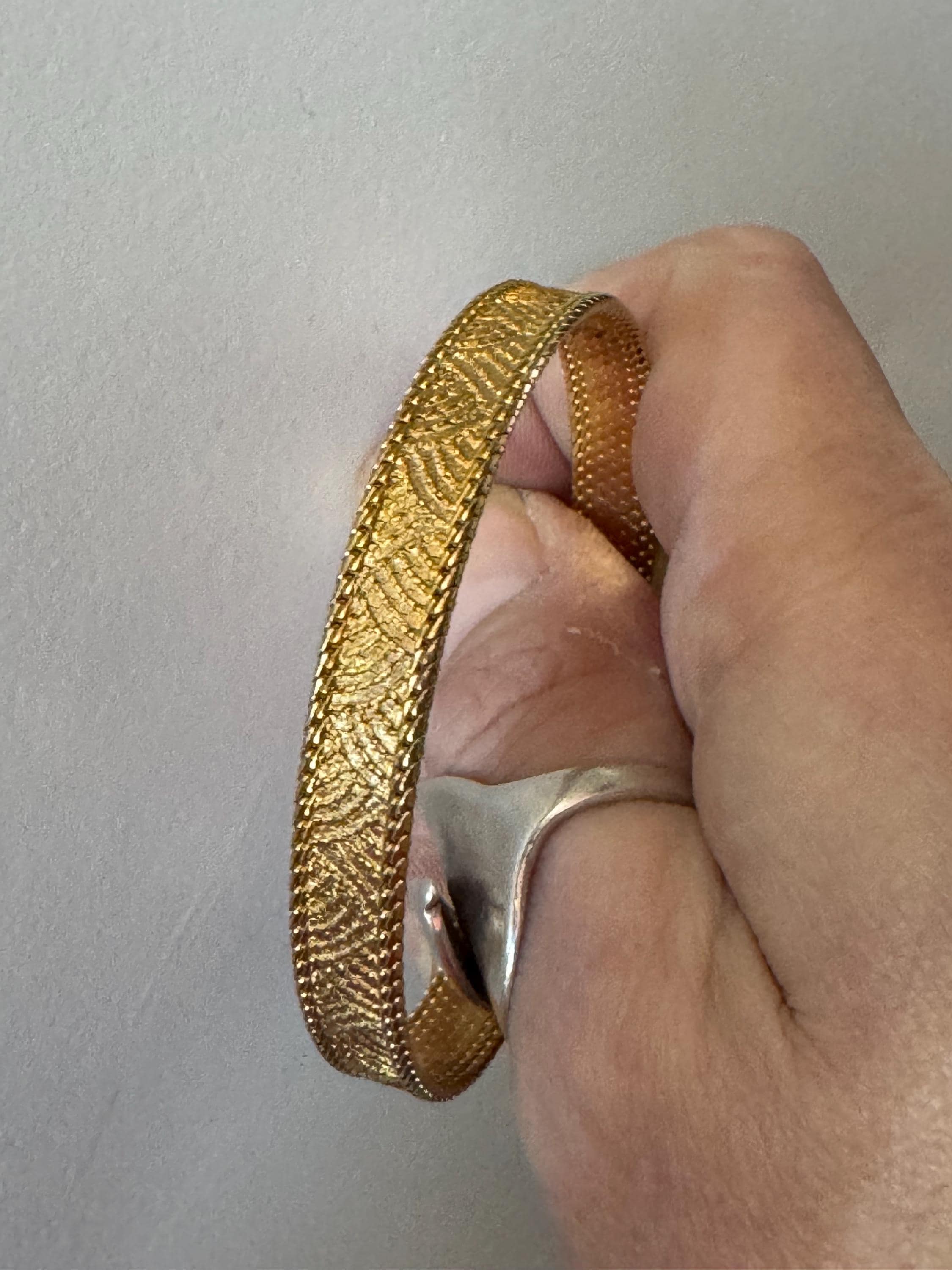 Vintage slim flat mesh bangle bracelet , gold plated with safety chain