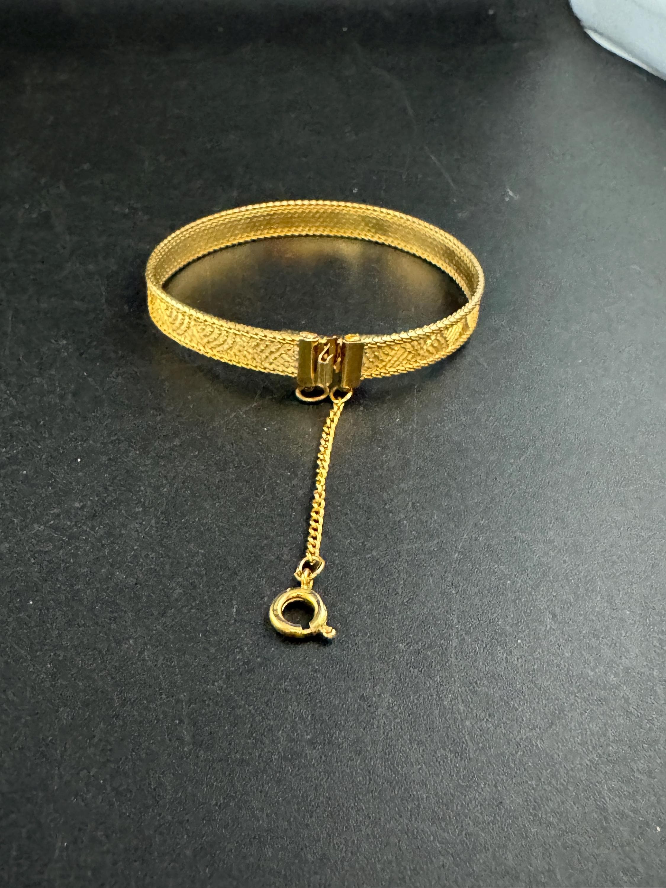 Vintage slim flat mesh bangle bracelet , gold plated with safety chain