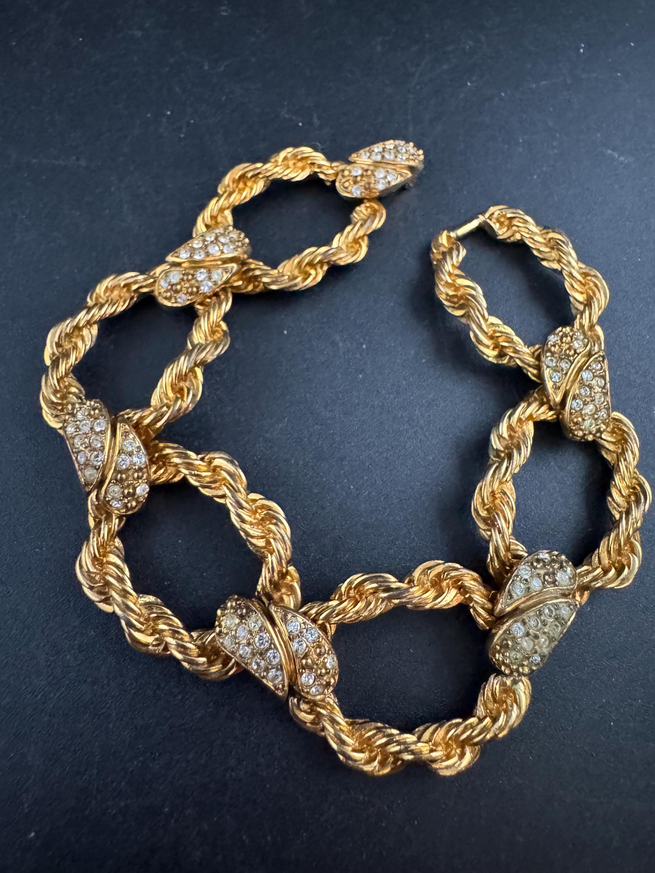 Vintage rope twist wide crystal bracelet, dark antique gold tone