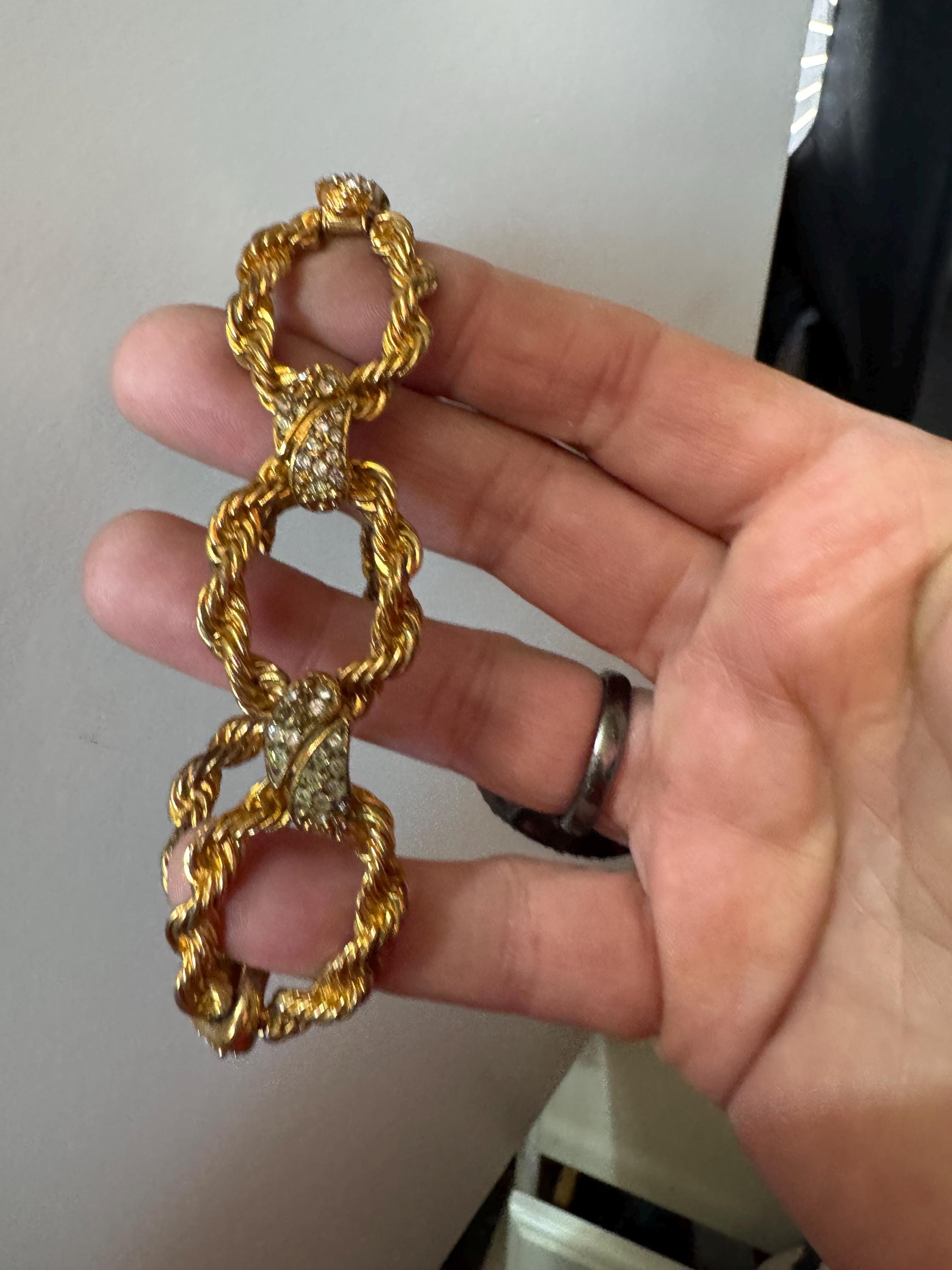 Vintage rope twist wide crystal bracelet, dark antique gold tone