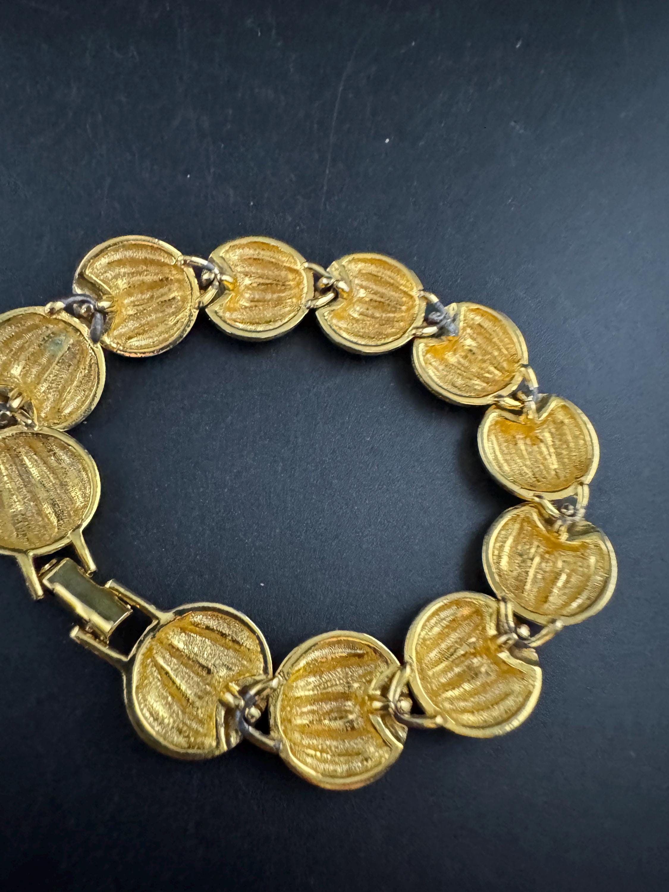 Vintage round panel link bracelet, gold tone stamped