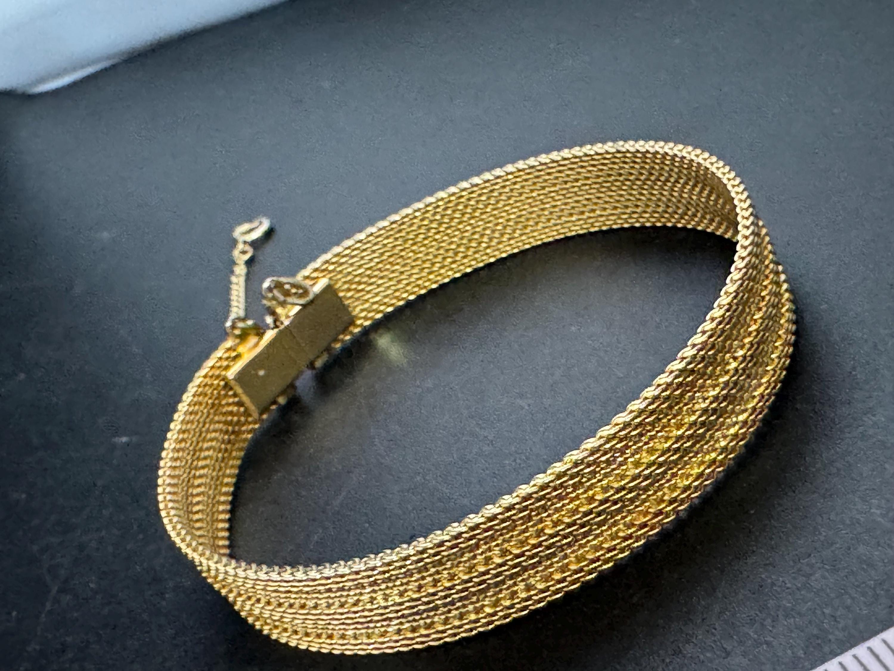 Vintage flat mesh bangle bracelet , gold plated with safety chain