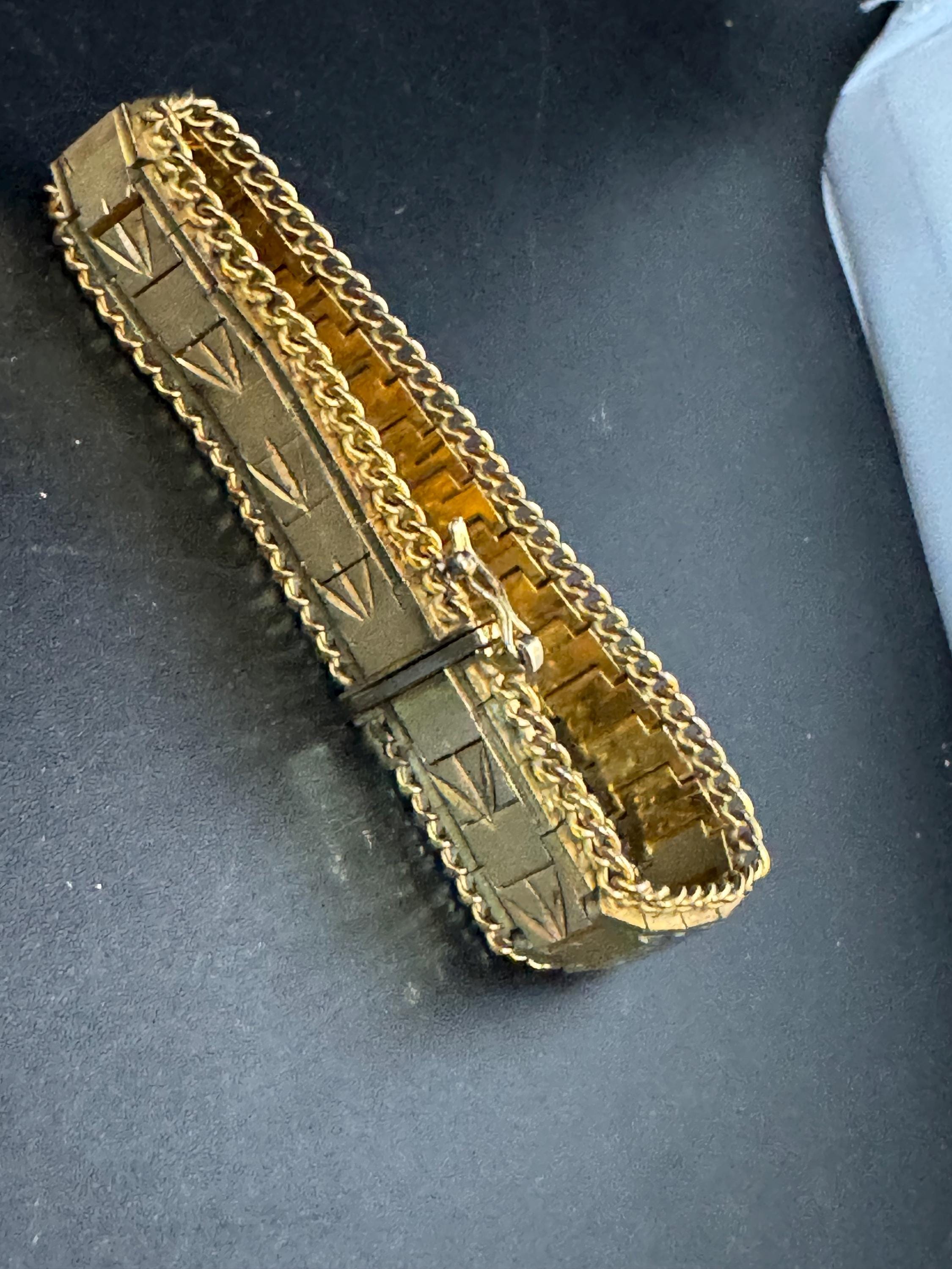1970s flat wide etched bracelet,  gold plated chain edged