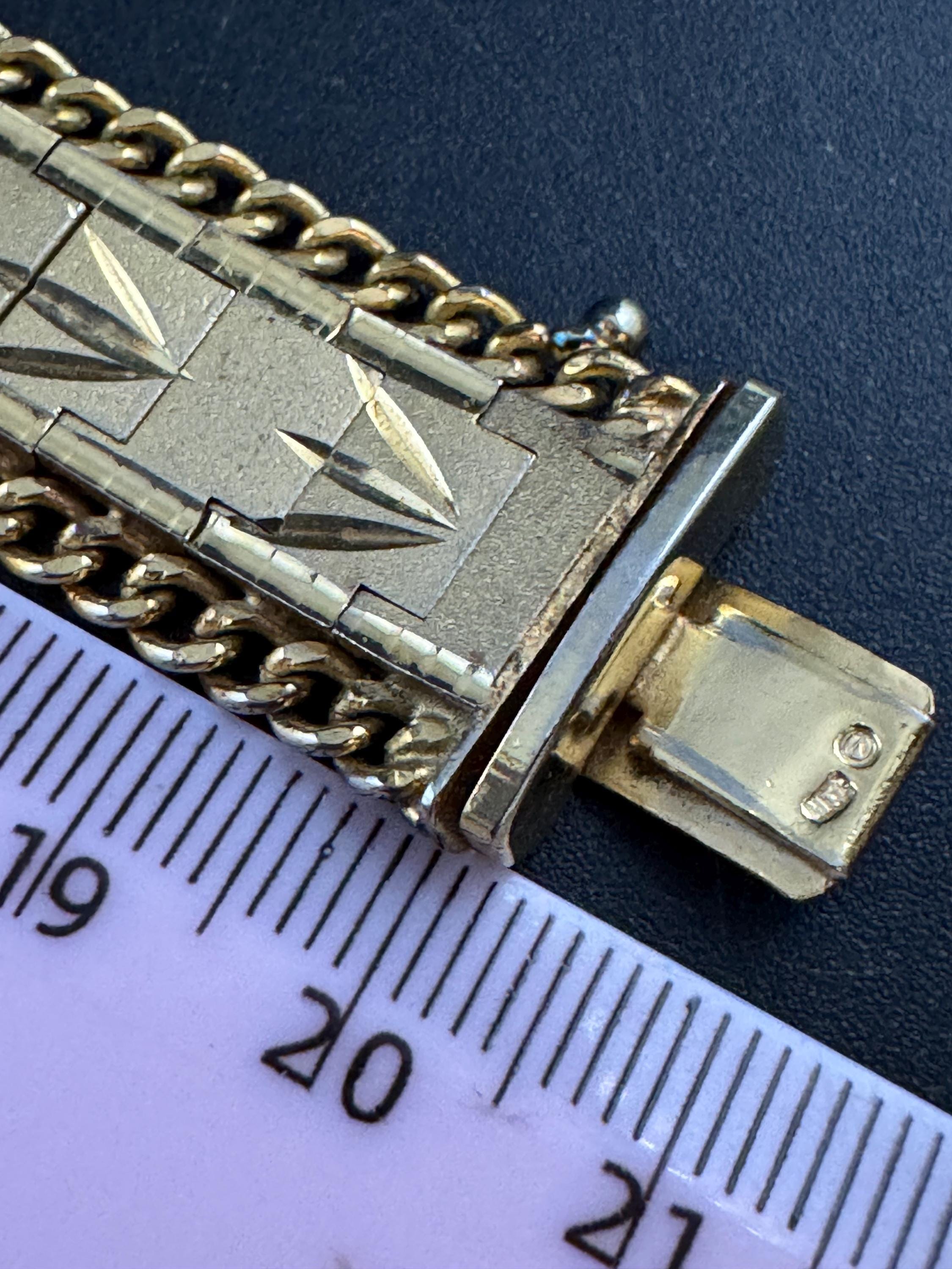 1970s flat wide etched bracelet,  gold plated chain edged