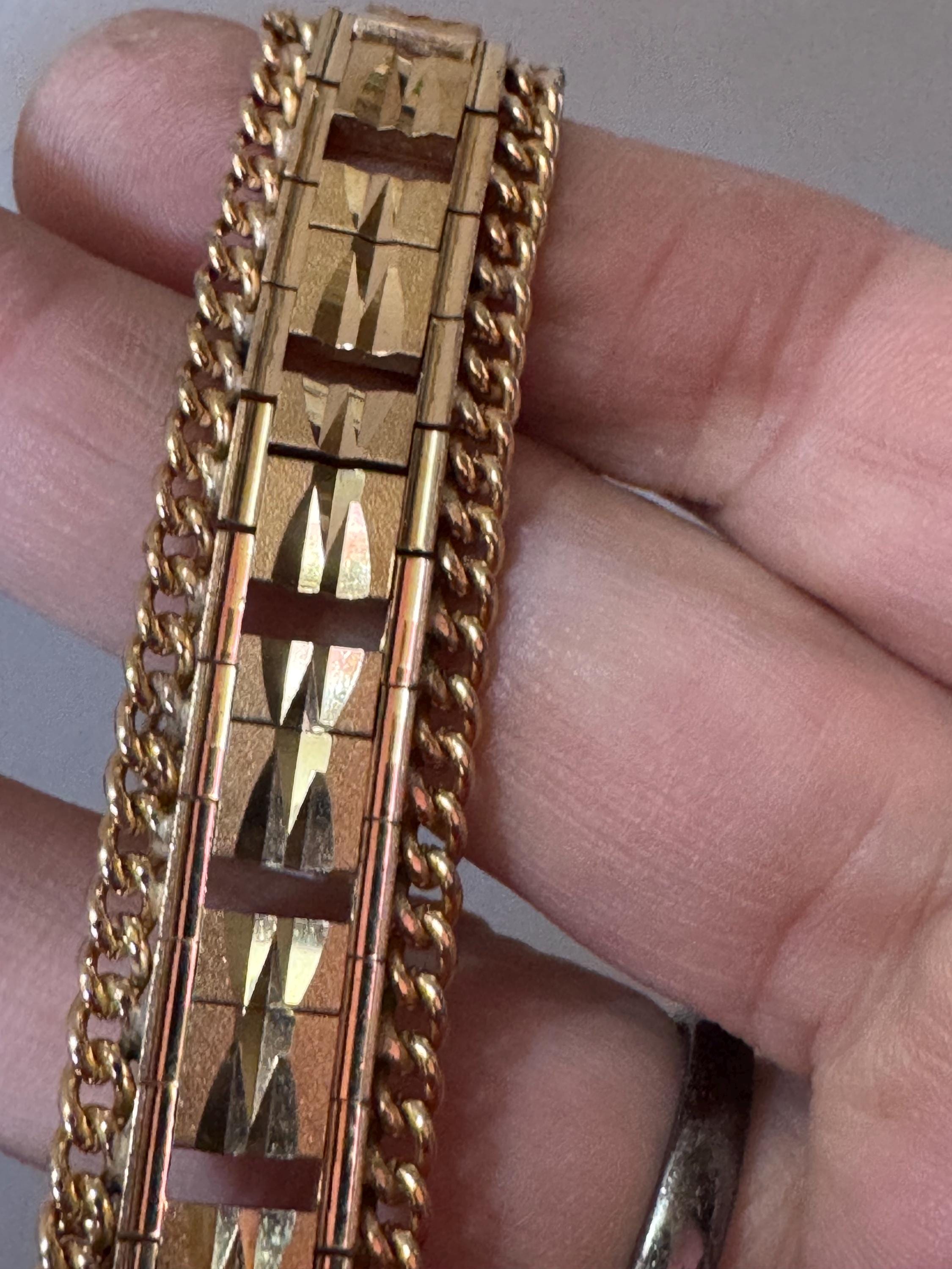 1970s flat wide etched bracelet,  gold plated chain edged openwork