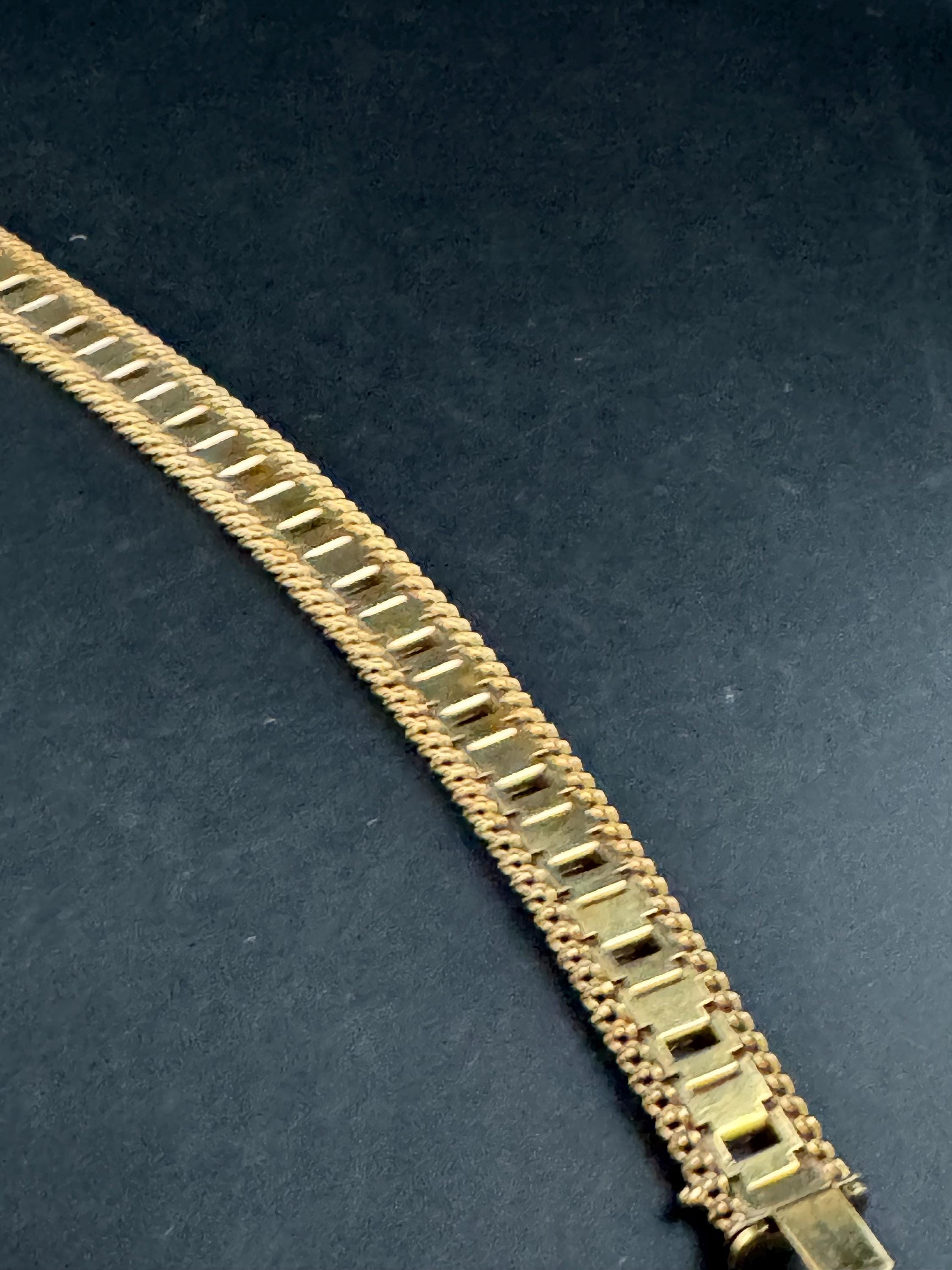 1970s flat wide etched bracelet,  gold plated chain edged openwork