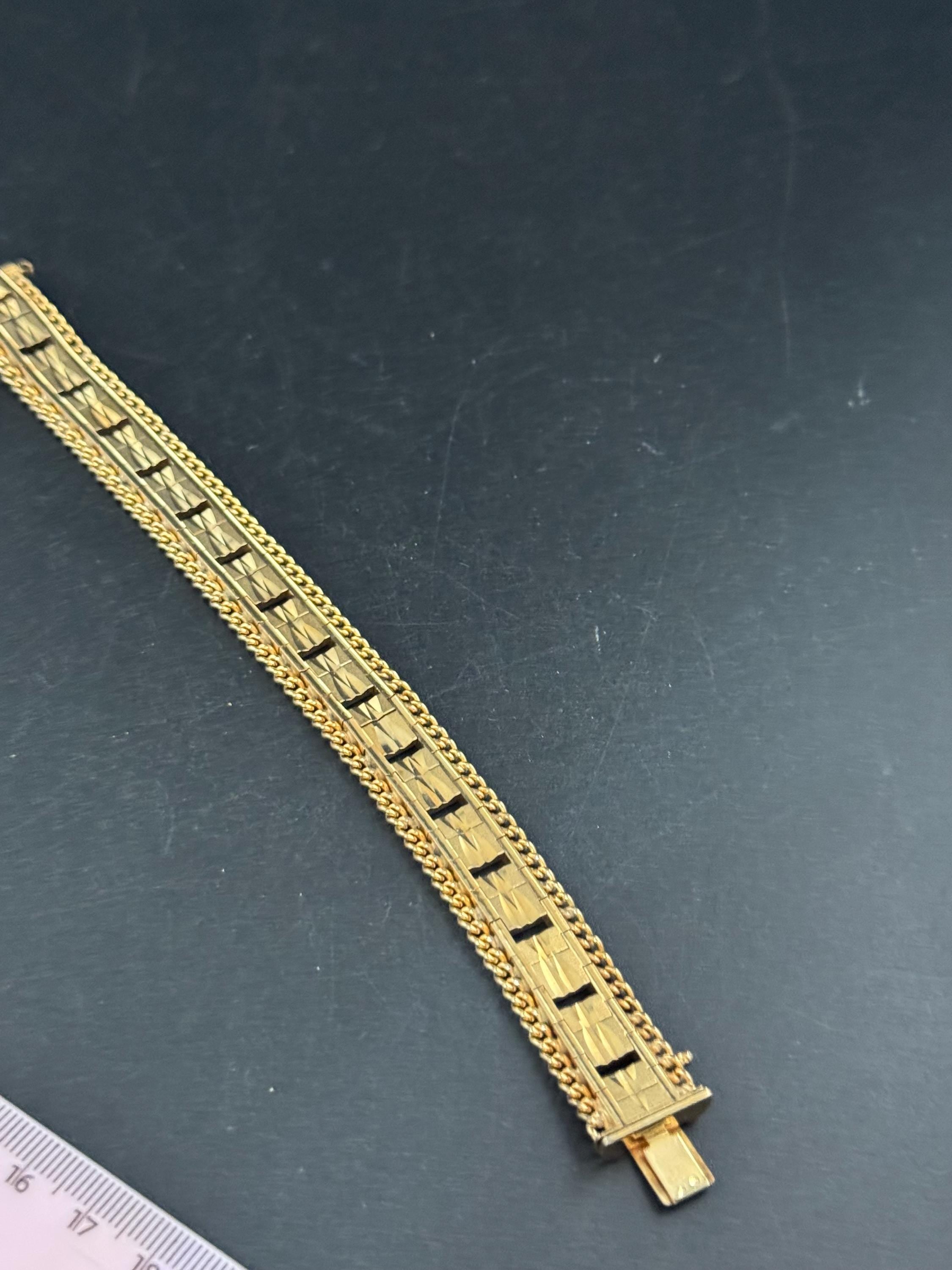 1970s flat wide etched bracelet,  gold plated chain edged openwork