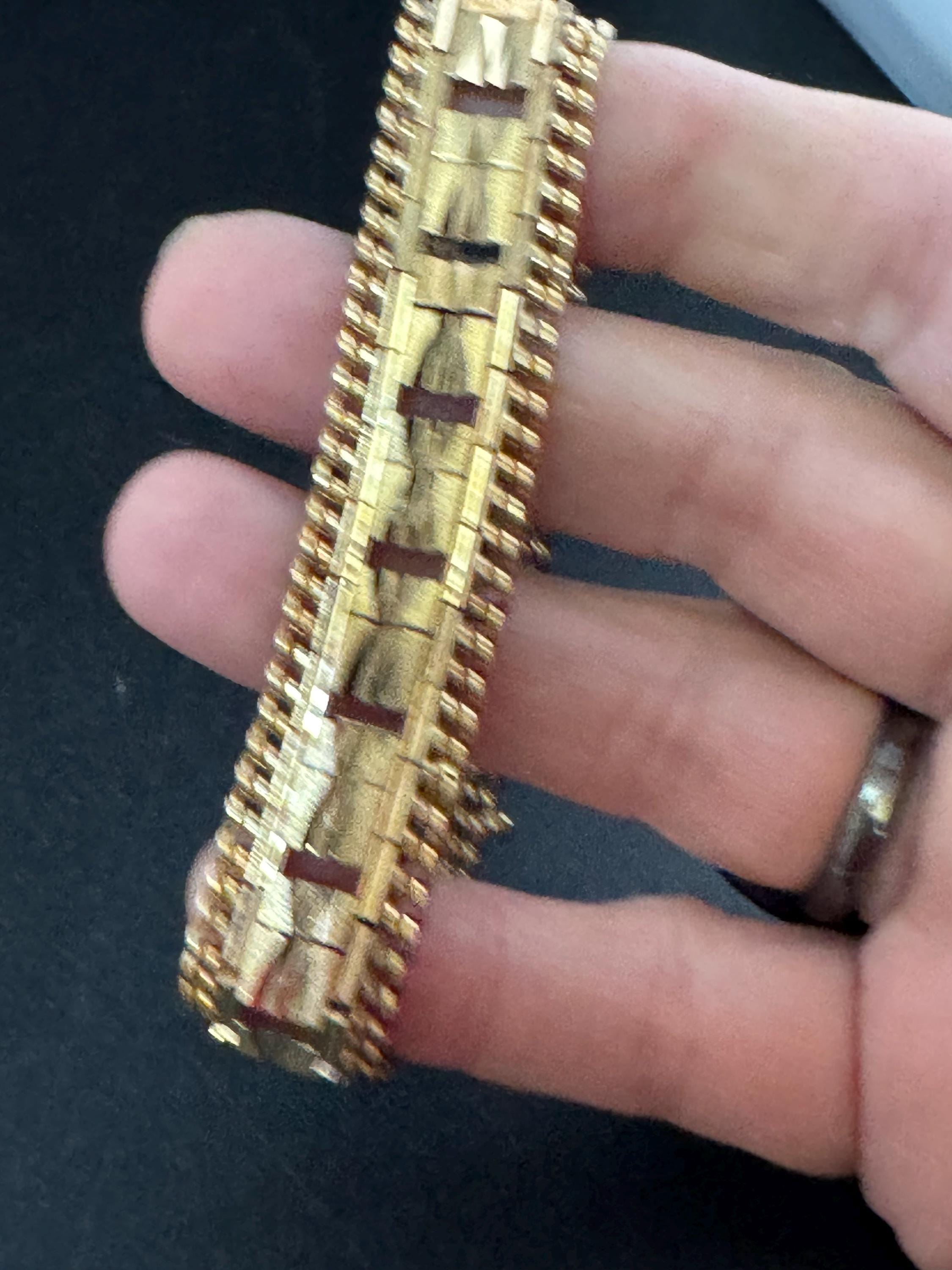 1970s flat wide etched bracelet,  gold plated chain edged openwork