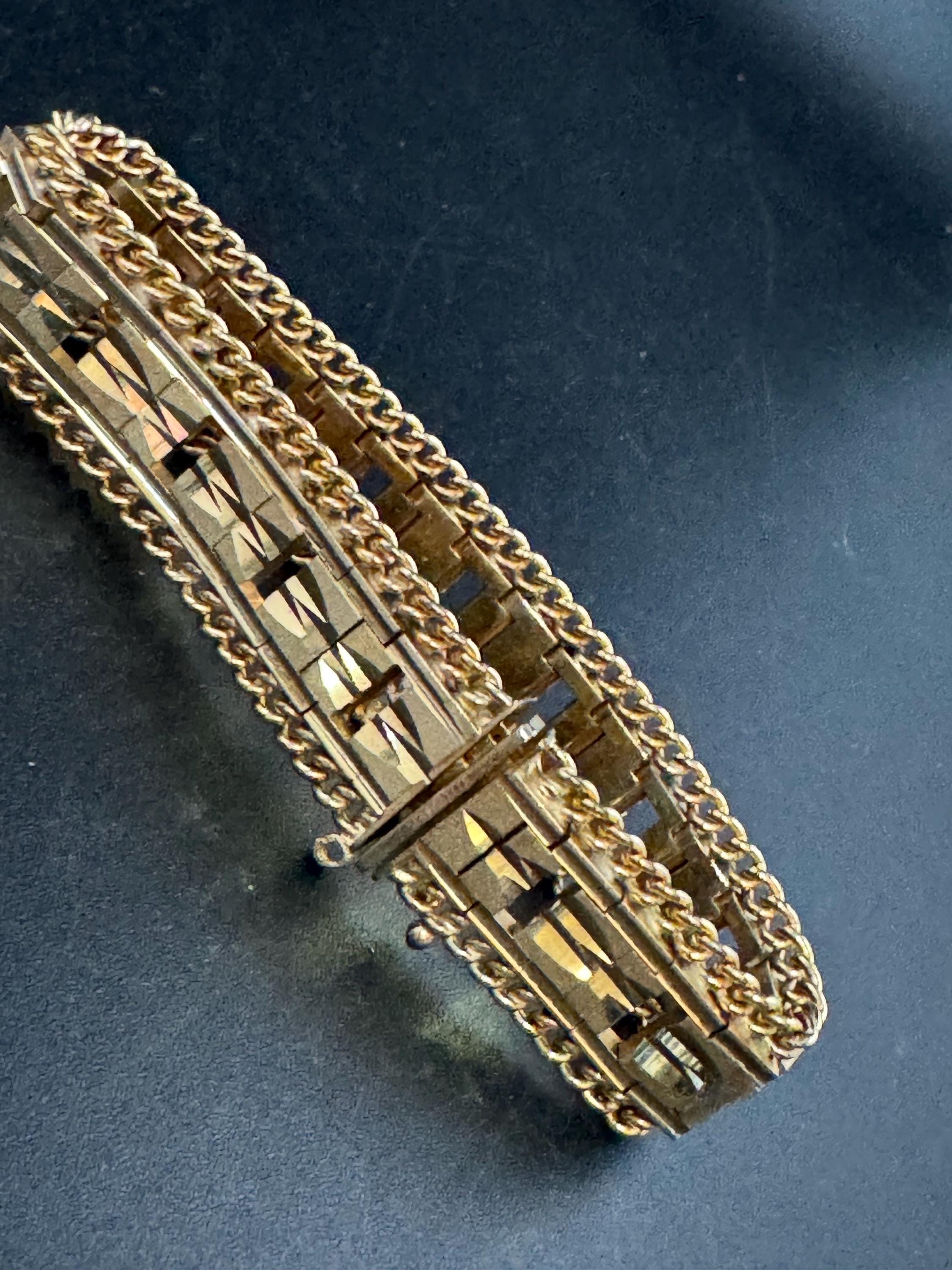 1970s flat wide etched bracelet,  gold plated chain edged openwork