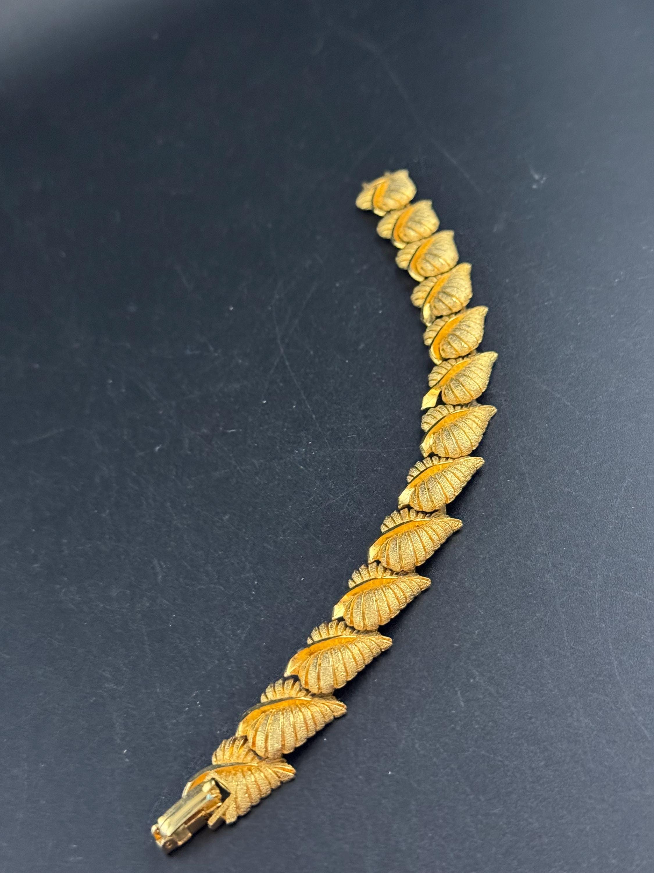 Gold panel link leaf bracelet, modernist period mid century