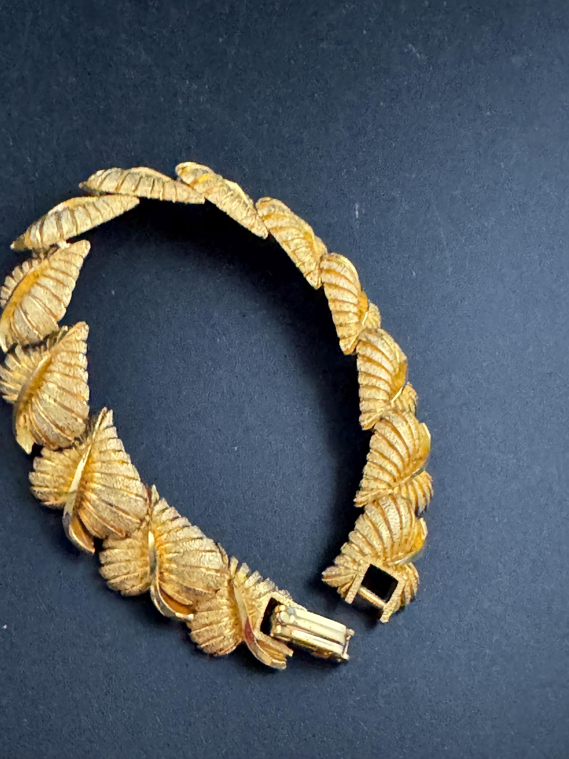 Gold panel link leaf bracelet, modernist period mid century
