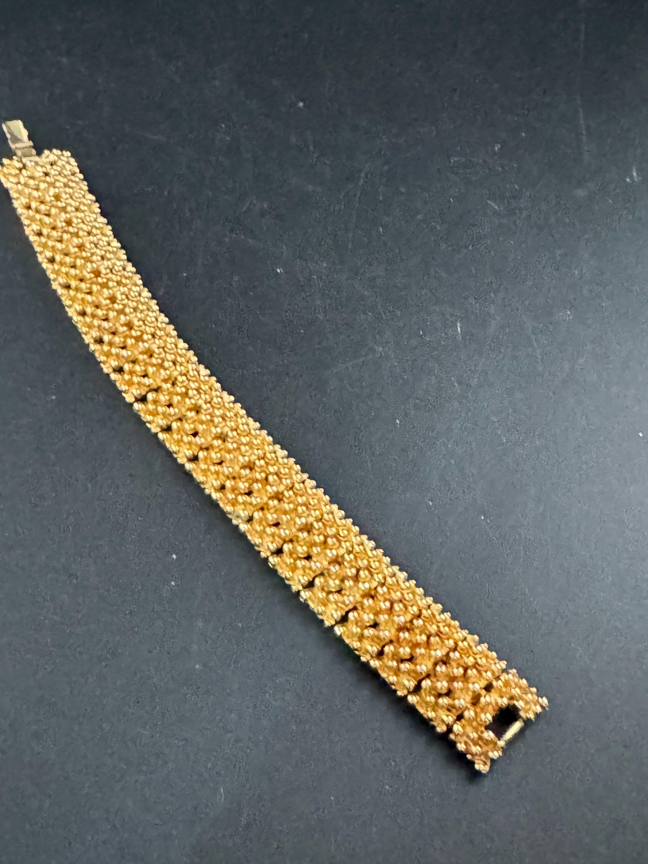 Vintage textured ball link wide bracelet, gold tone brutalist 1970s modernist period