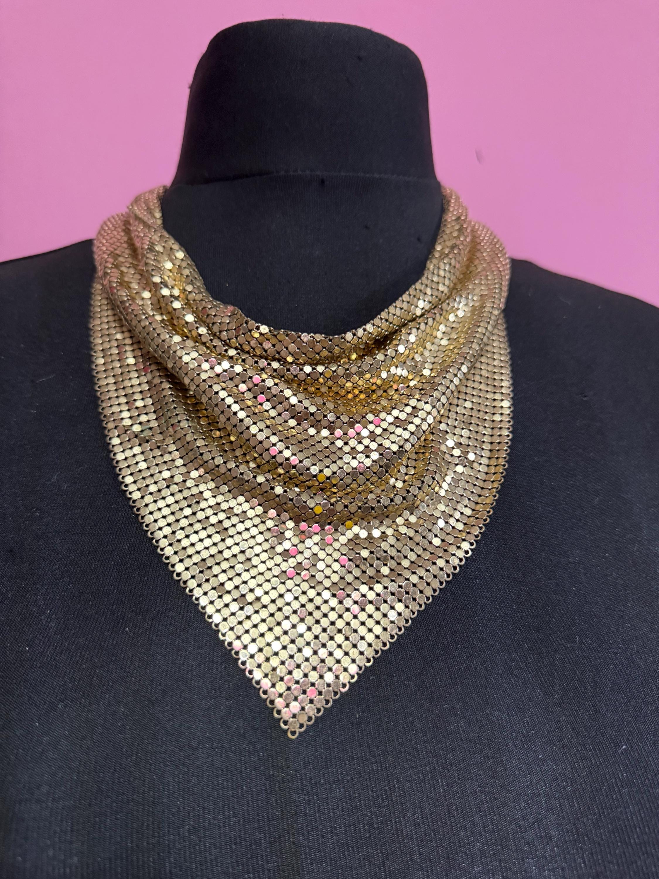 Vintage whiting and Davis gold mesh choker,  signed bib chainmail necklace