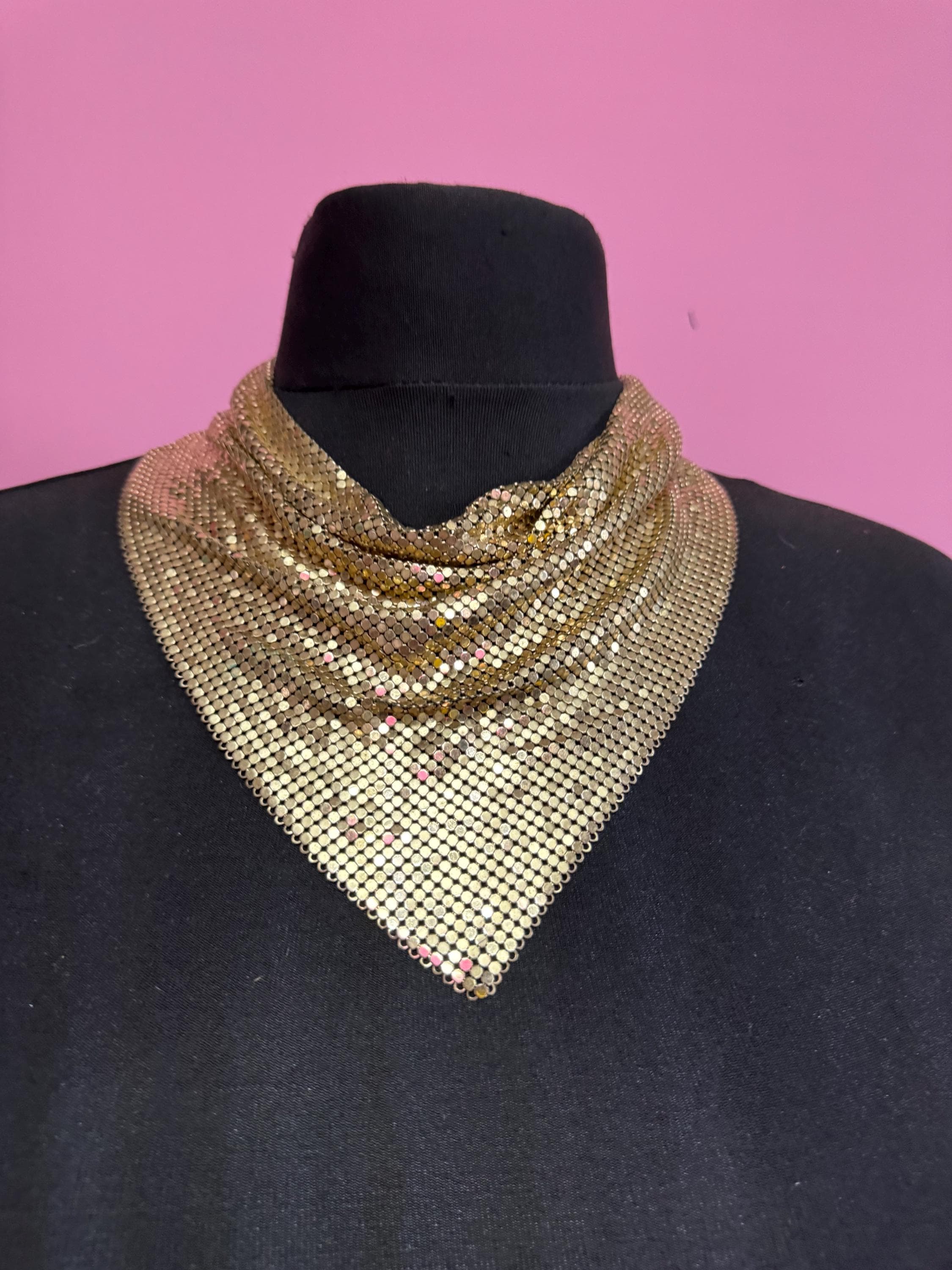 Vintage whiting and Davis gold mesh choker,  signed bib chainmail necklace
