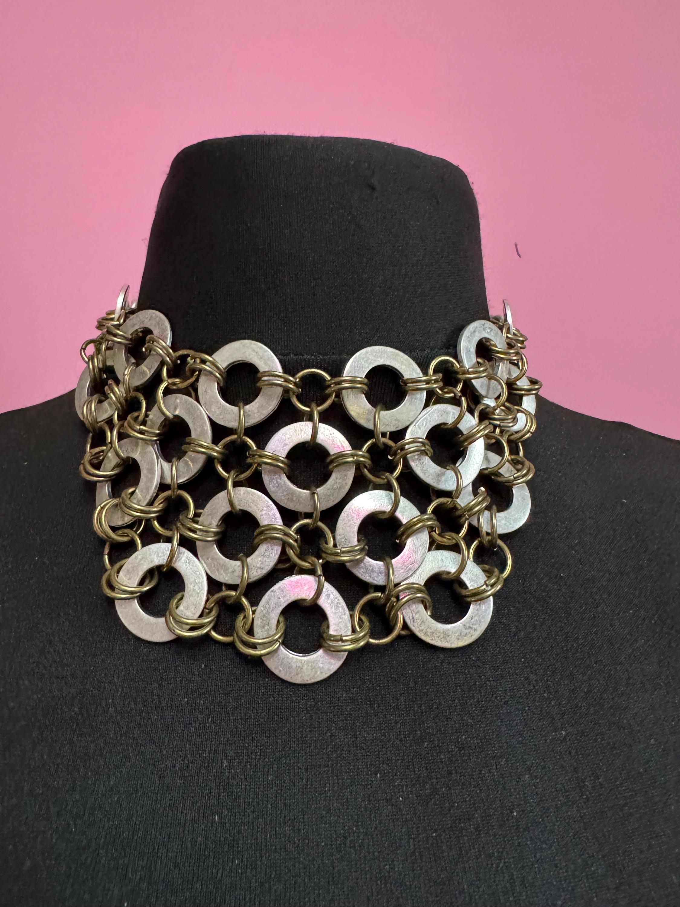 Vintage SAKS chainmail chain link choker, silver and gold necklace