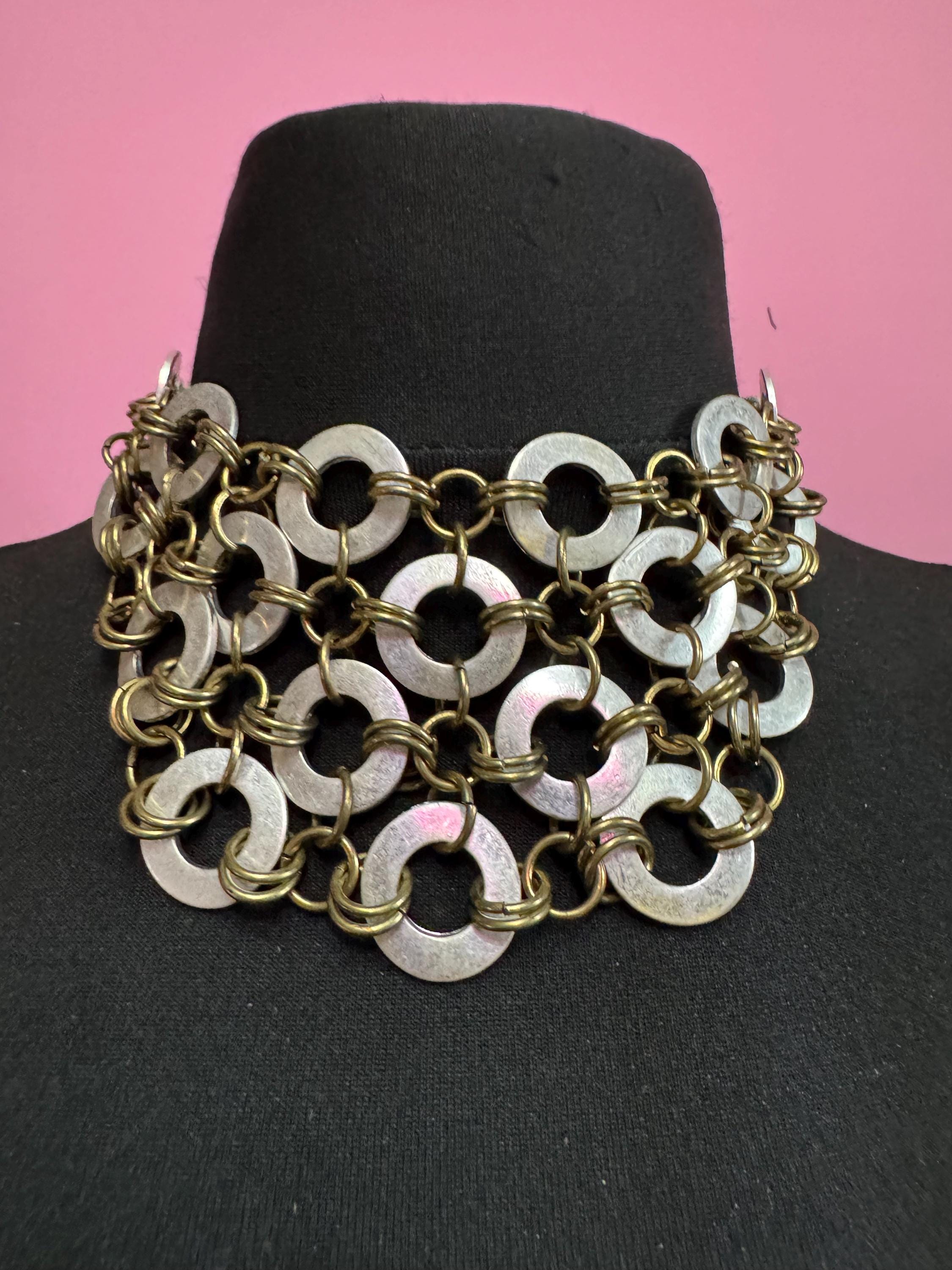 Vintage SAKS chainmail chain link choker, silver and gold necklace