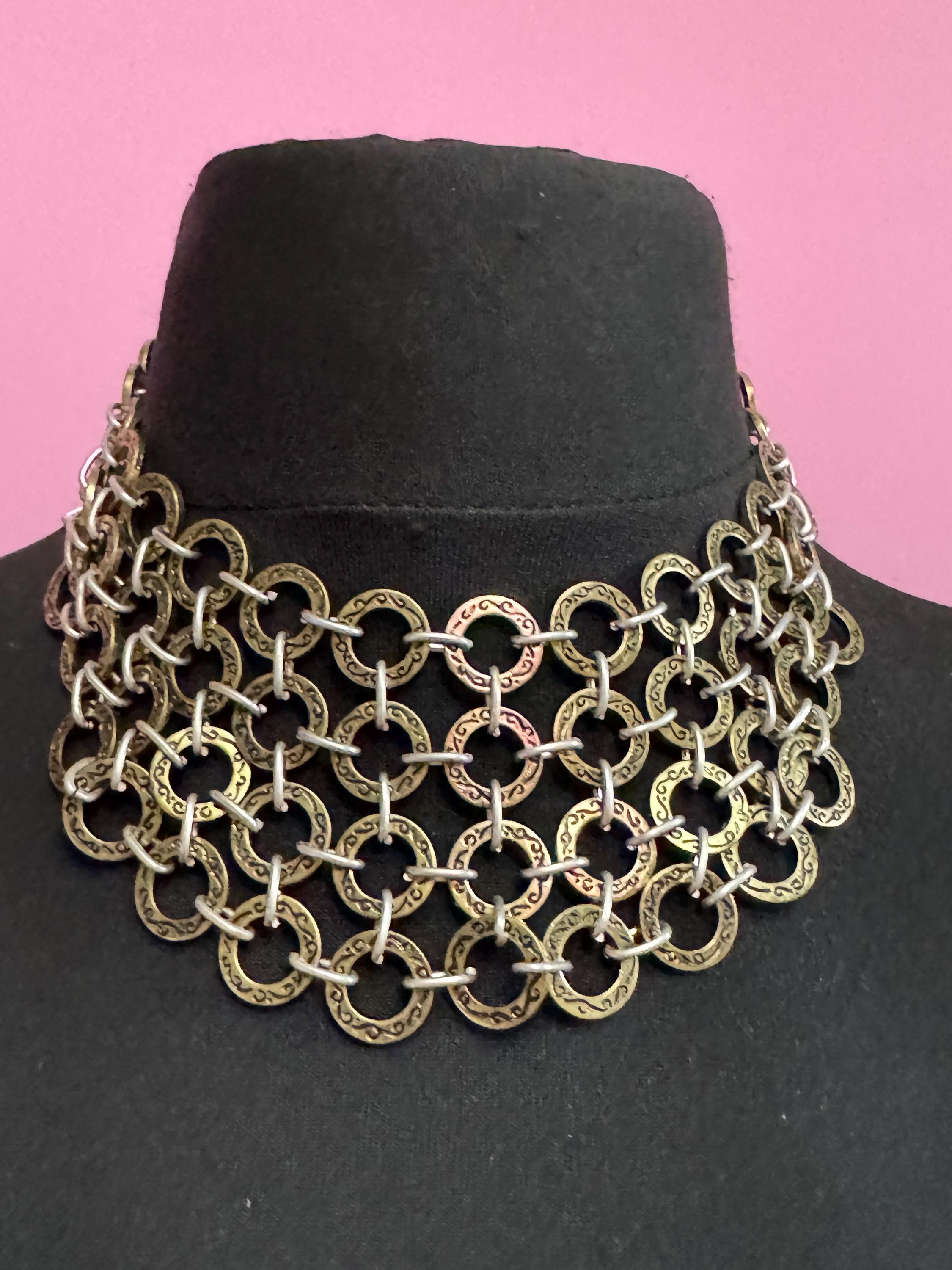 Vintage SAKS chainmail chain link choker, silver and gold necklace