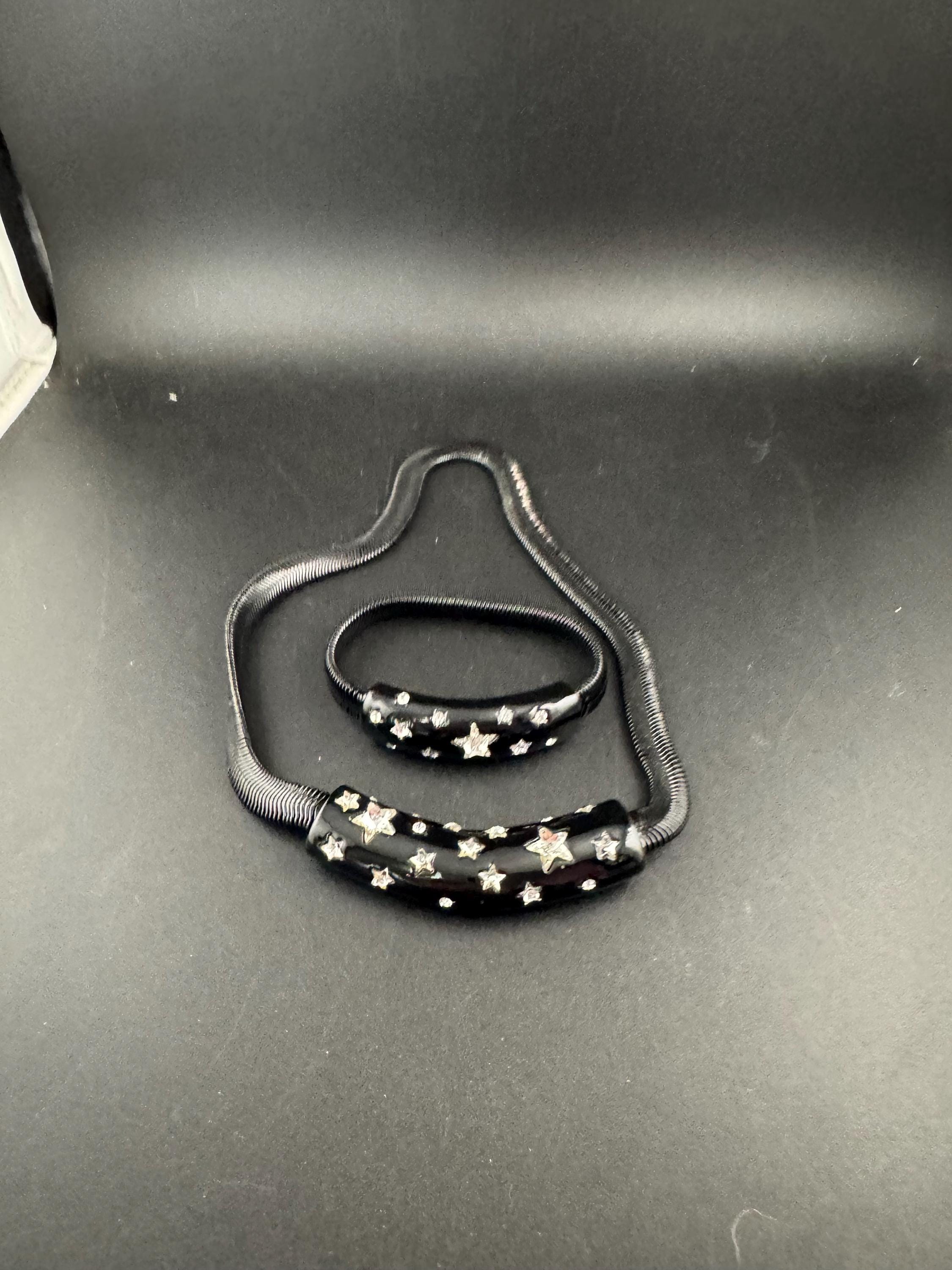 B&W black omega stars Diamanté choker necklace and bracelet set, Signed butler and Wilson