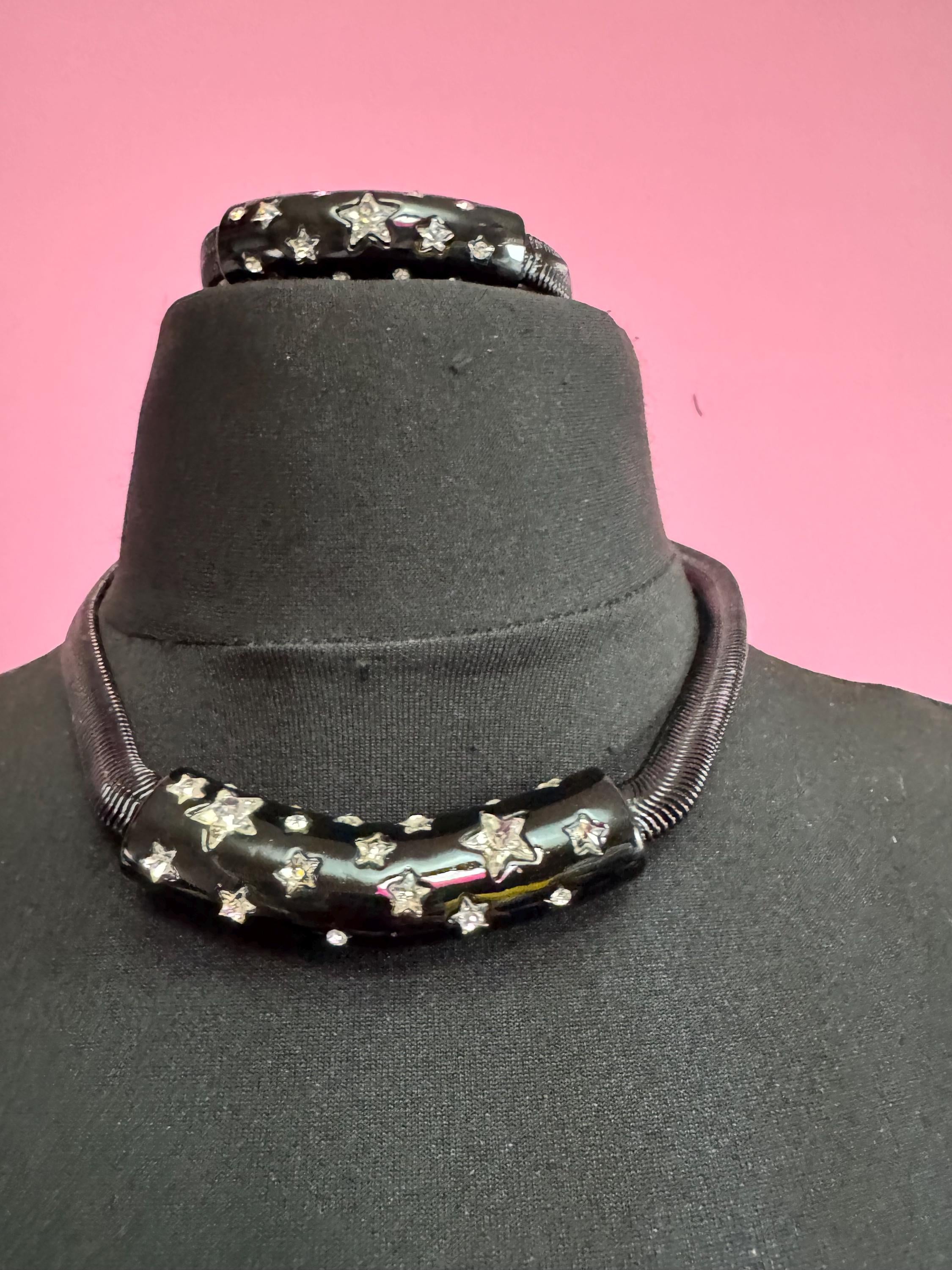 B&W black omega stars Diamanté choker necklace and bracelet set, Signed butler and Wilson
