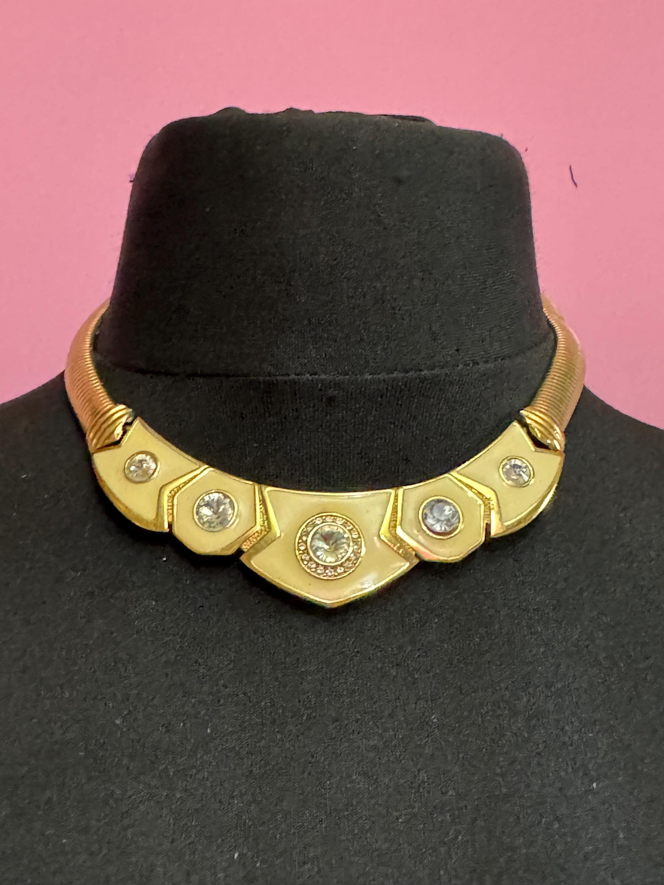 Vintage Bergdorf Goodman Choker: Cream Enamel Diamanté Gold Tone Necklace