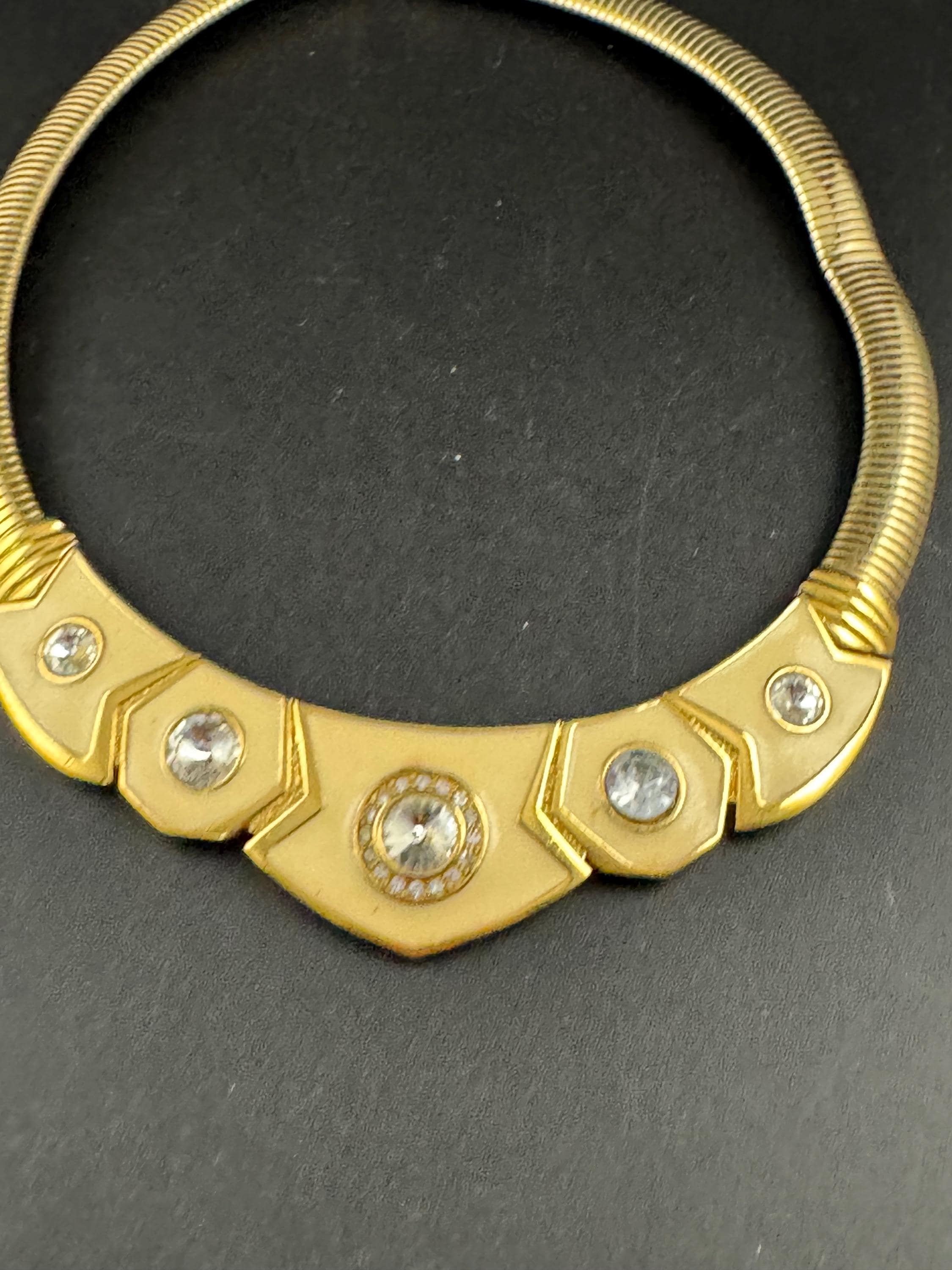 Vintage Bergdorf Goodman Choker: Cream Enamel Diamanté Gold Tone Necklace