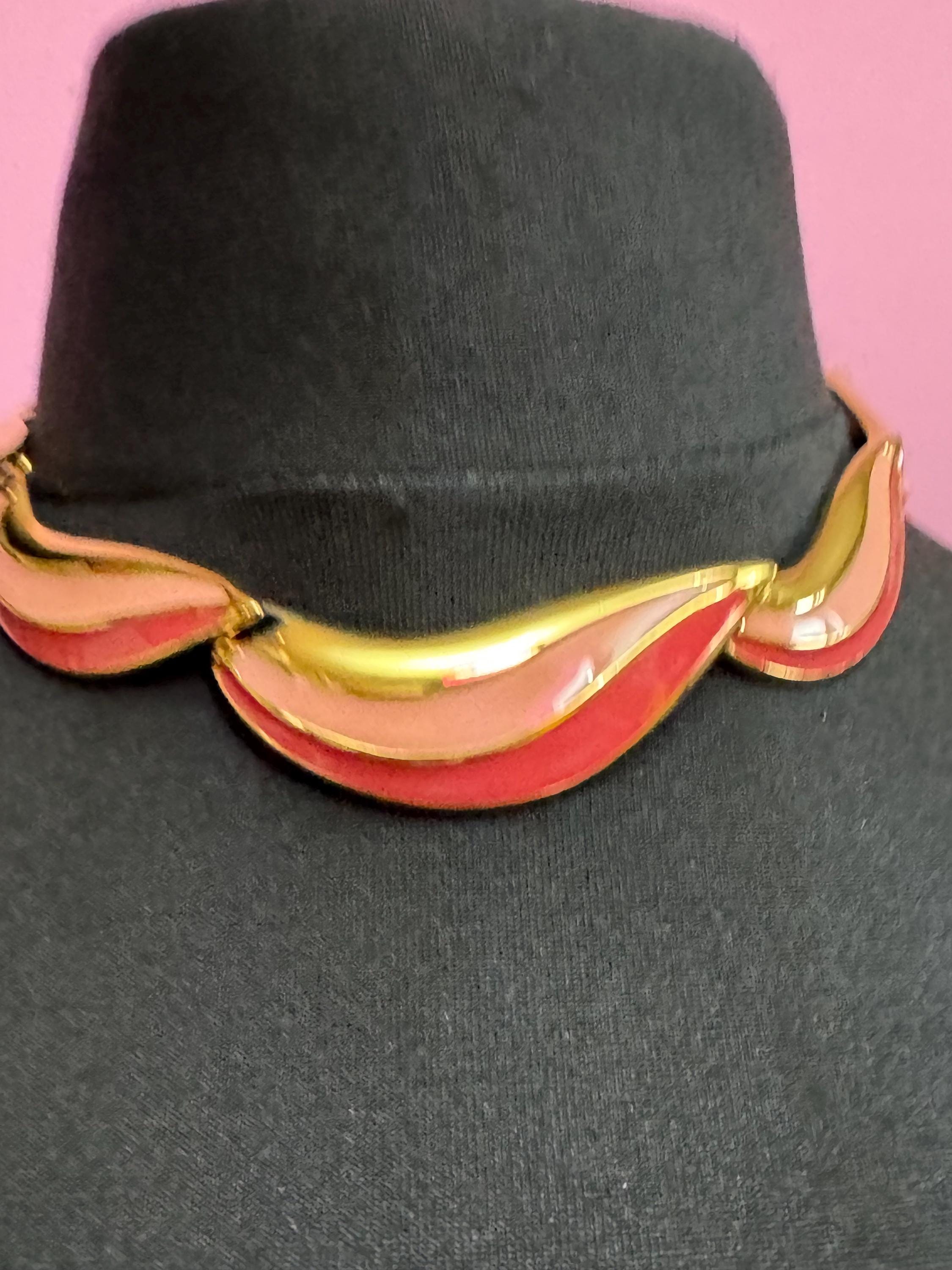 Vintage Napier pink rose enamel Choker Necklace & Earrings Set, gold tone signed
