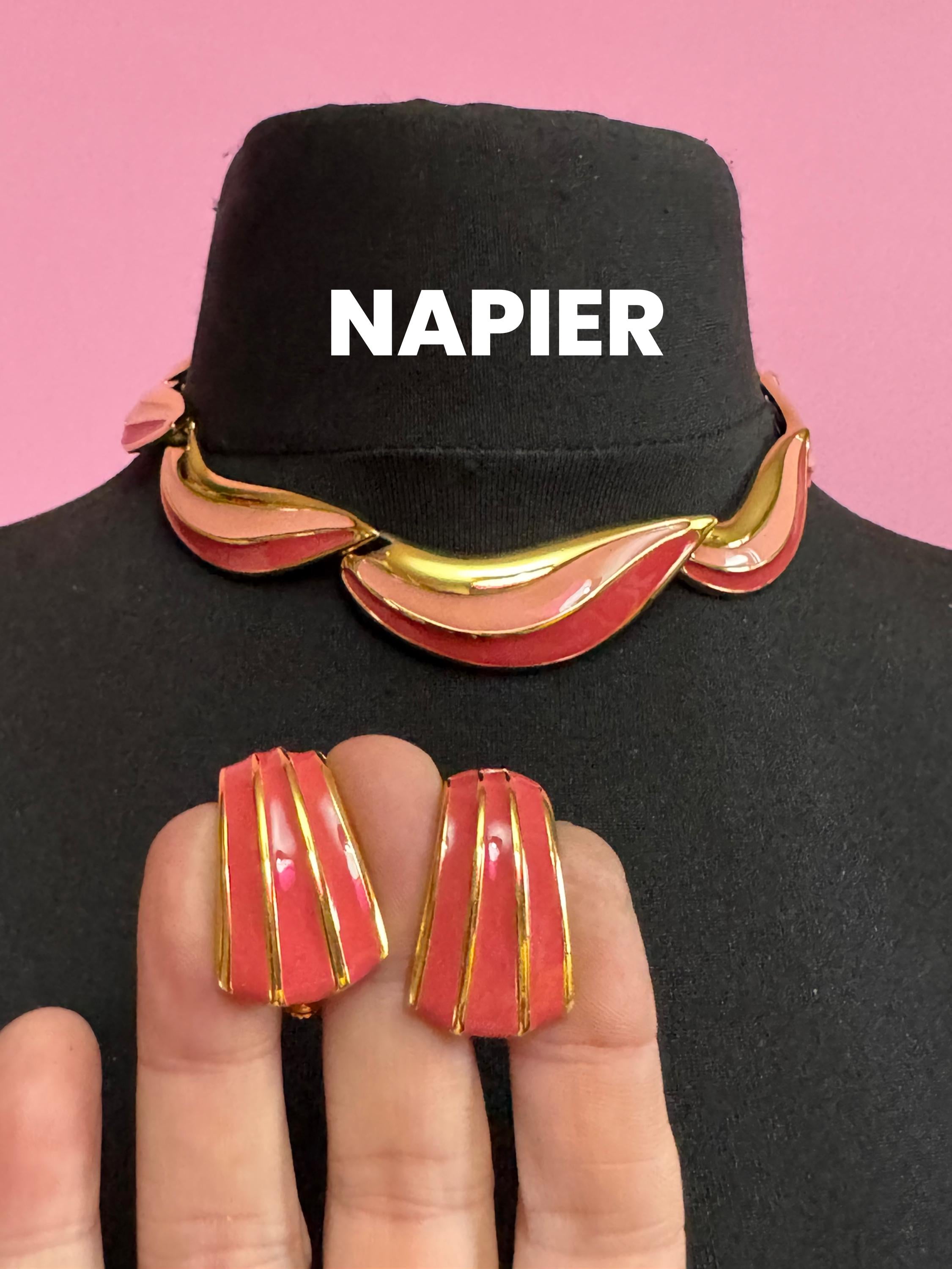 Vintage Napier pink rose enamel Choker Necklace & Earrings Set, gold tone signed