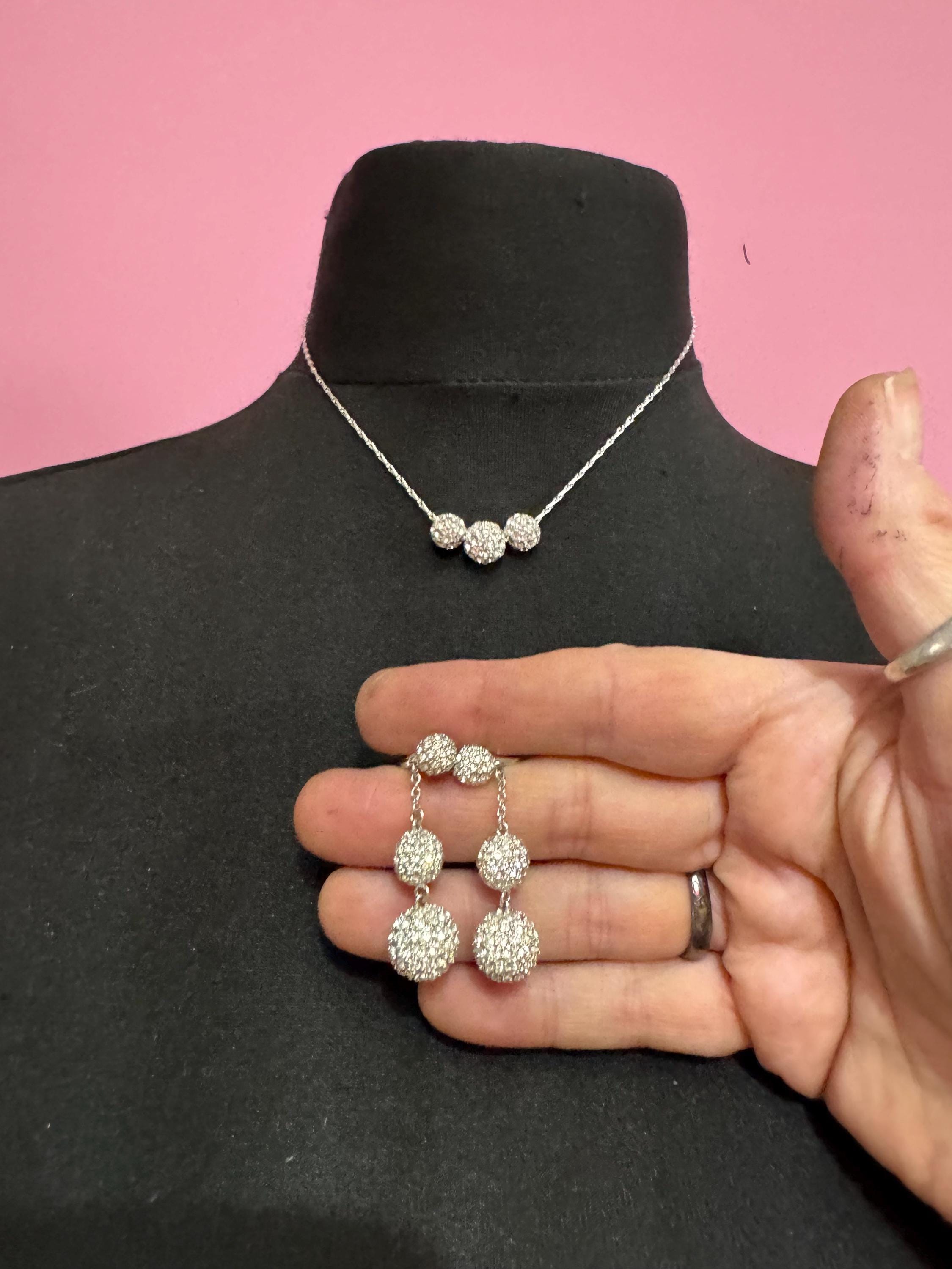 Swan Signed Swarovski jewellery set,  silver crystal diamanté ball necklace and drop earrings