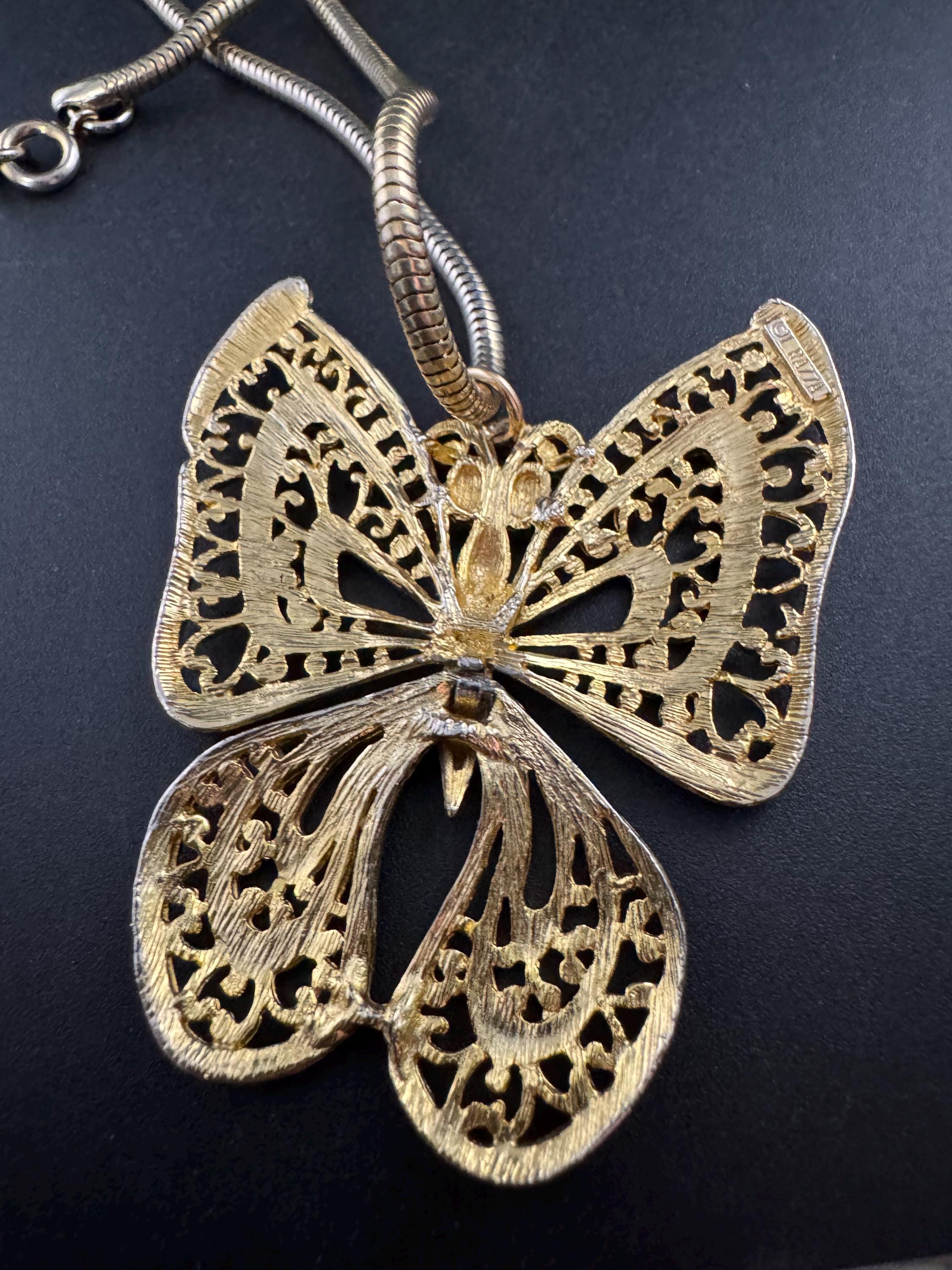 Vintage L RAZZA Butterfly pendant Necklace , 1969s signed gold tone
