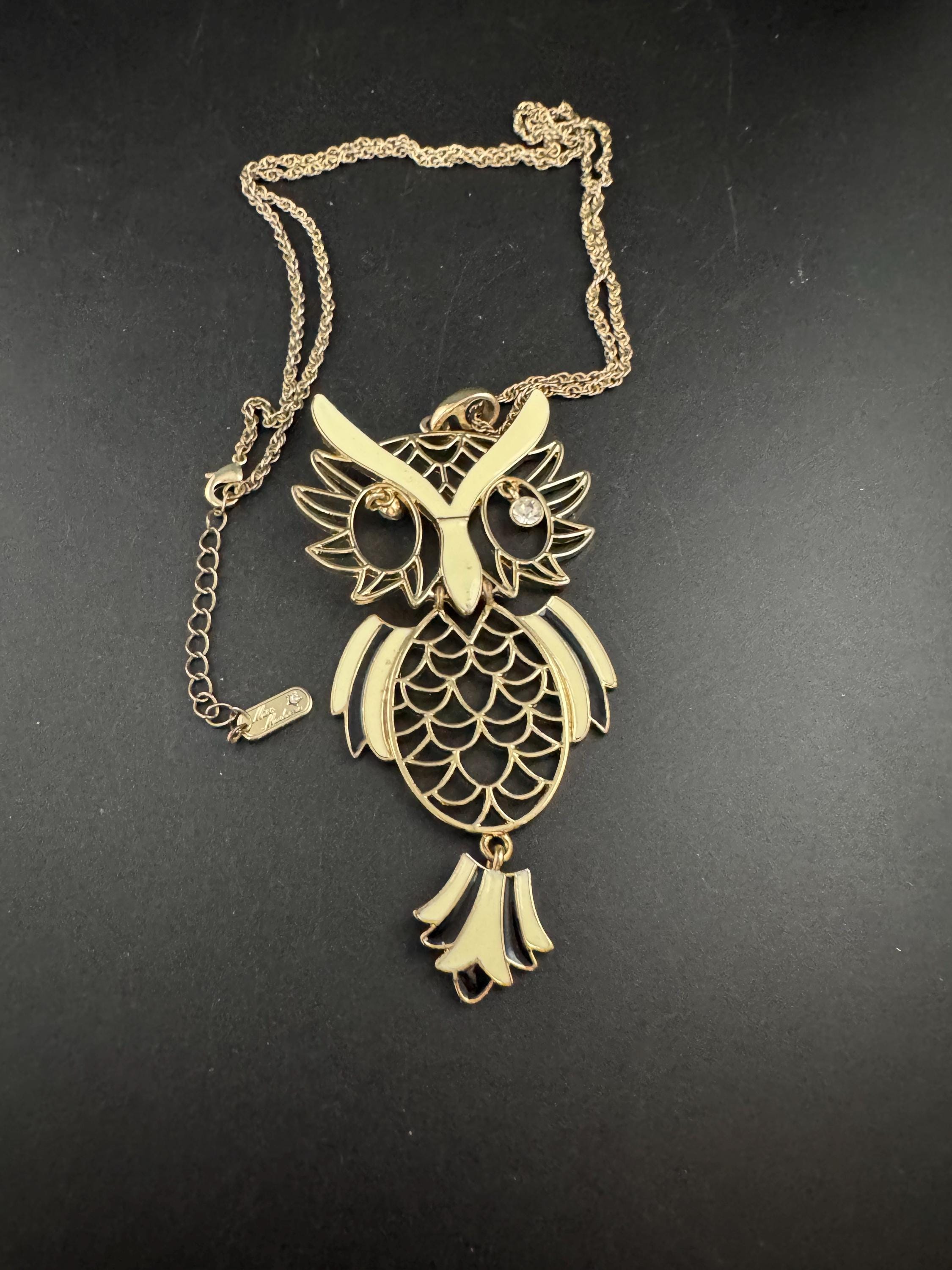 Miss Madam Enamel Owl Pendant Necklace: 80s Gold Plated signed