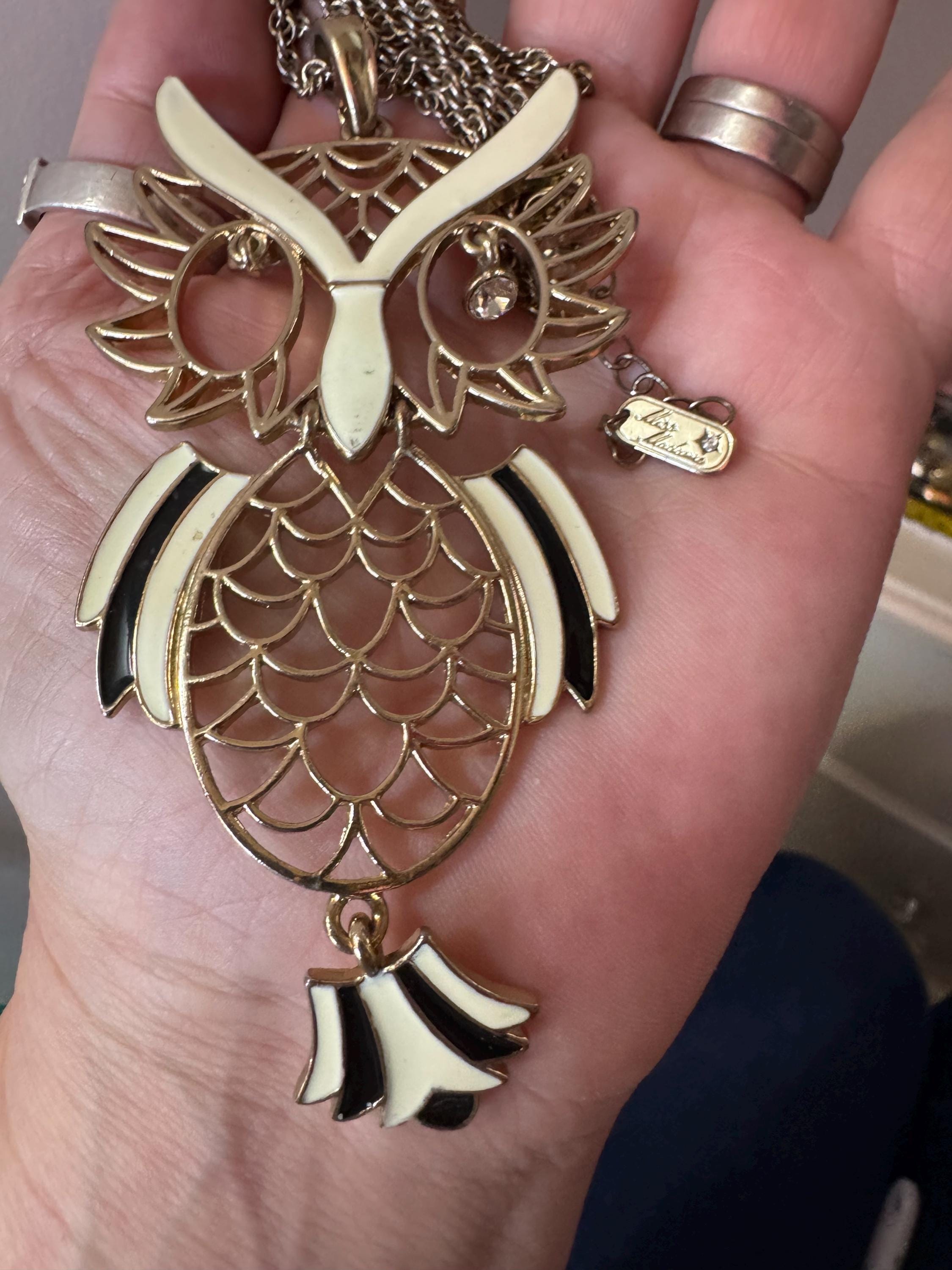 Miss Madam Enamel Owl Pendant Necklace: 80s Gold Plated signed