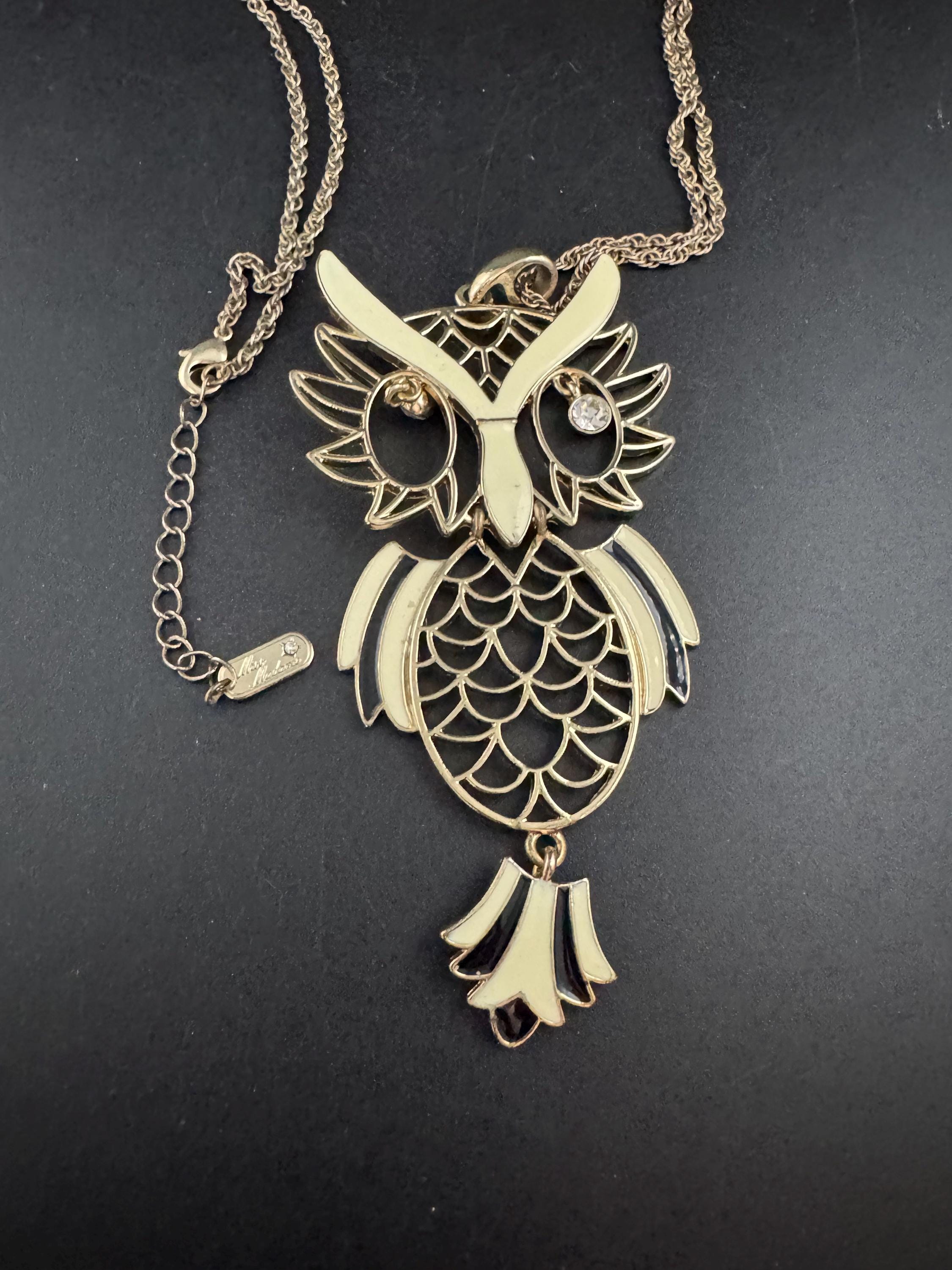 Miss Madam Enamel Owl Pendant Necklace: 80s Gold Plated signed